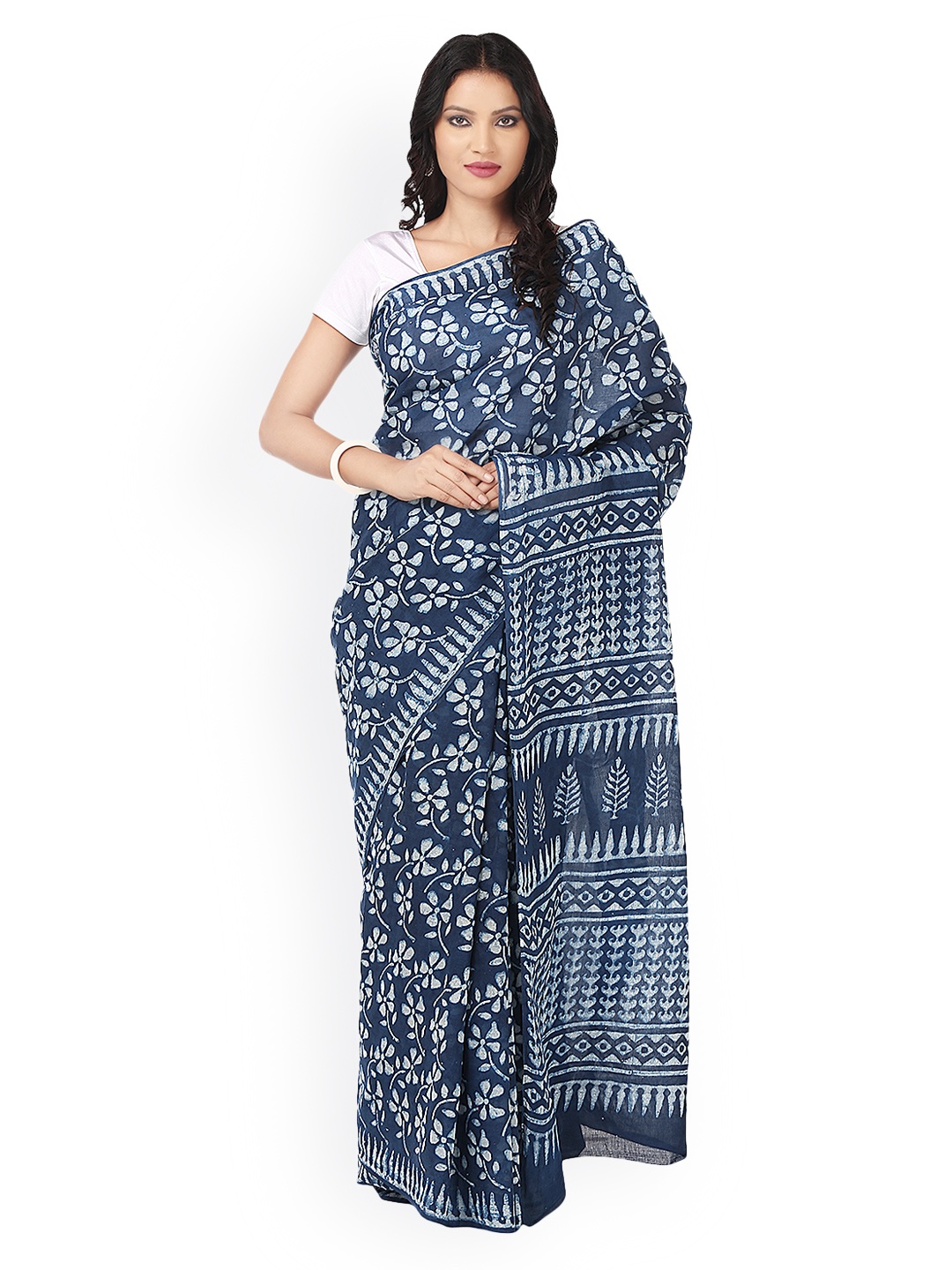 

Kalakari India Indigo Dabu Hand Block Print Handcrafted Cotton Sustainable Saree, Blue