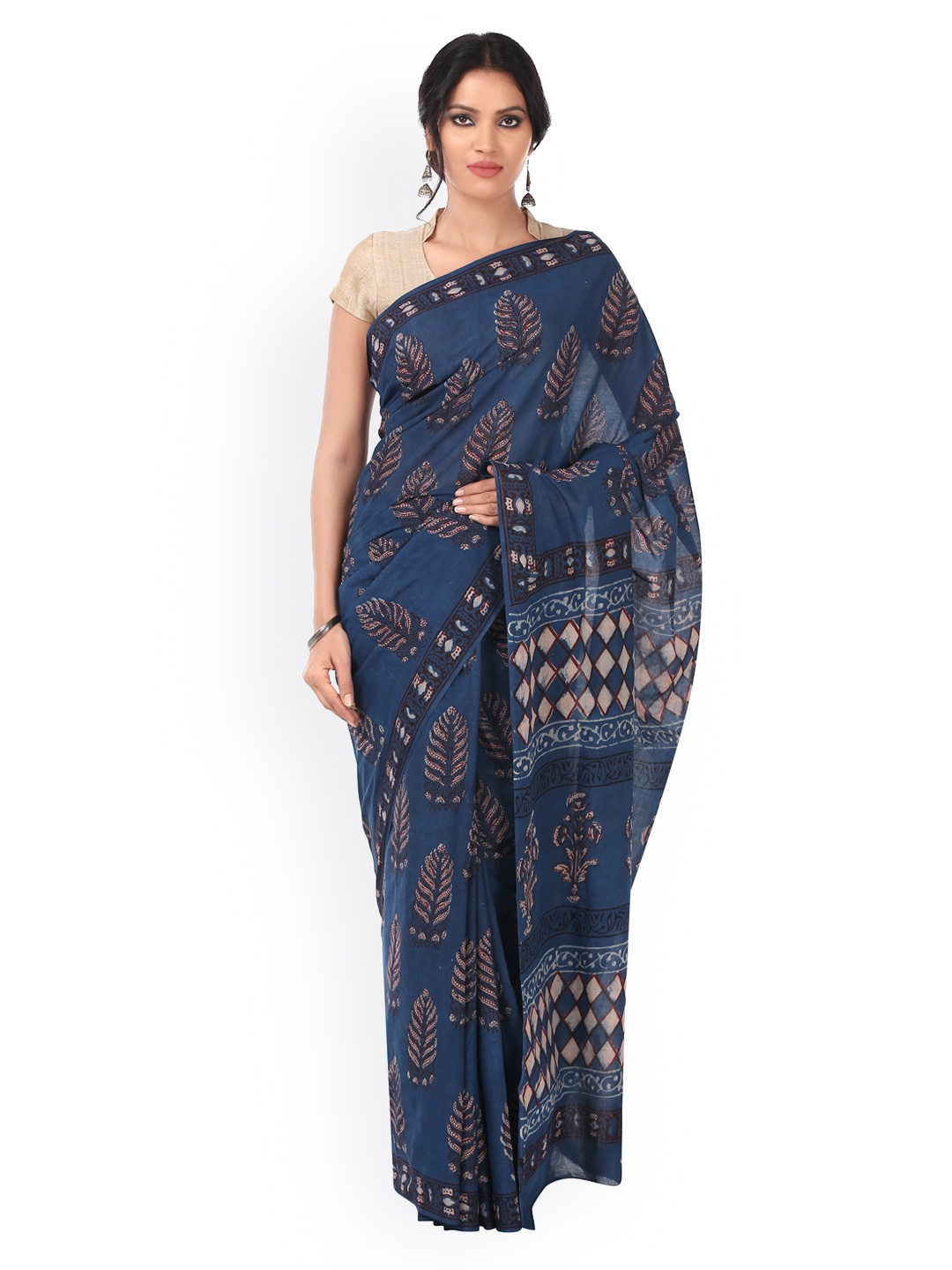 

Kalakari India Indigo Tarapur Hand Block Print Handcrafted Cotton Sustainable Saree, Blue