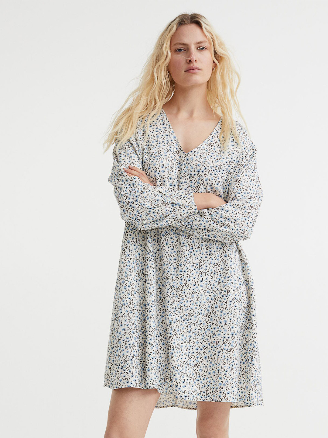 

H&M Blue & White Floral Printed V-Neck Dress