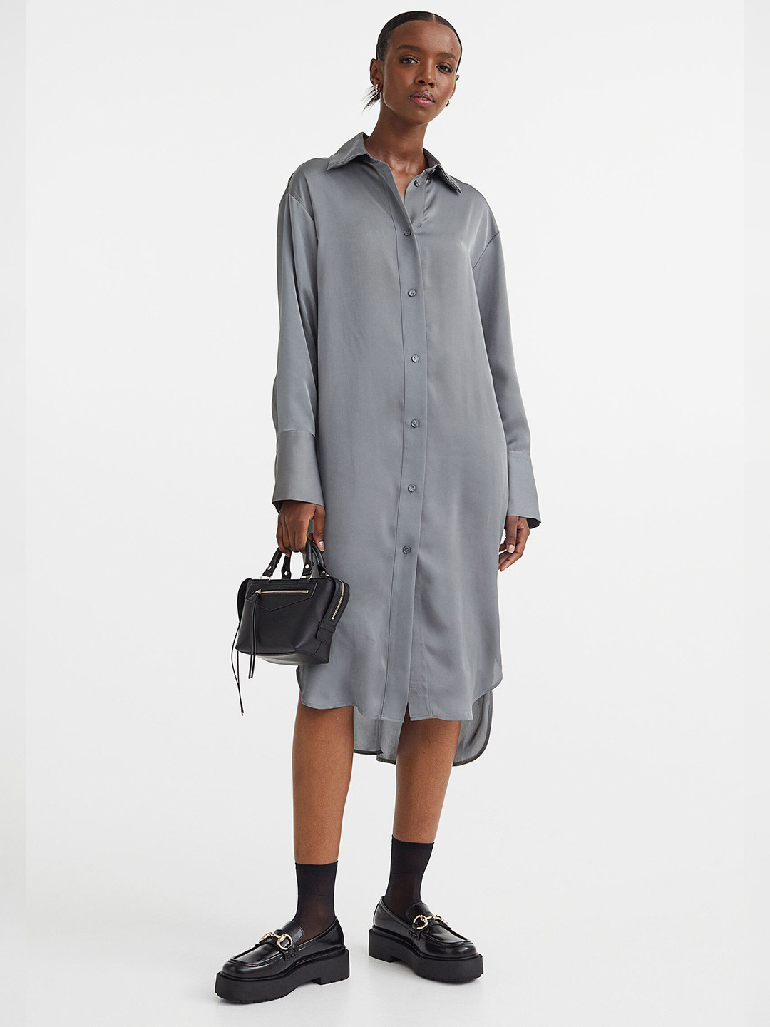 

H&M Women Grey Oversized Shirt Dress