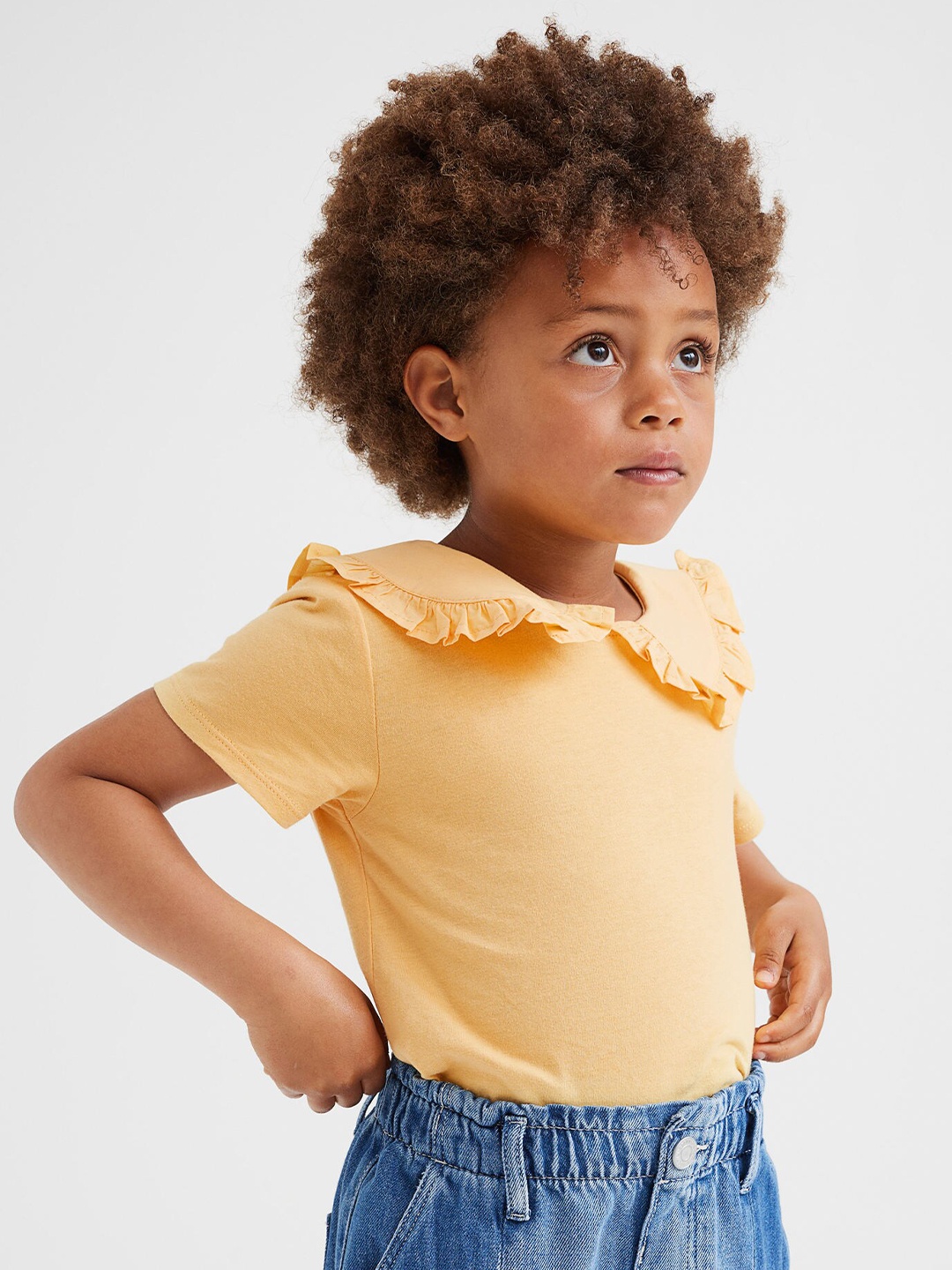 

H&M Girls Yellow Solid Cotton Collared T-shirt