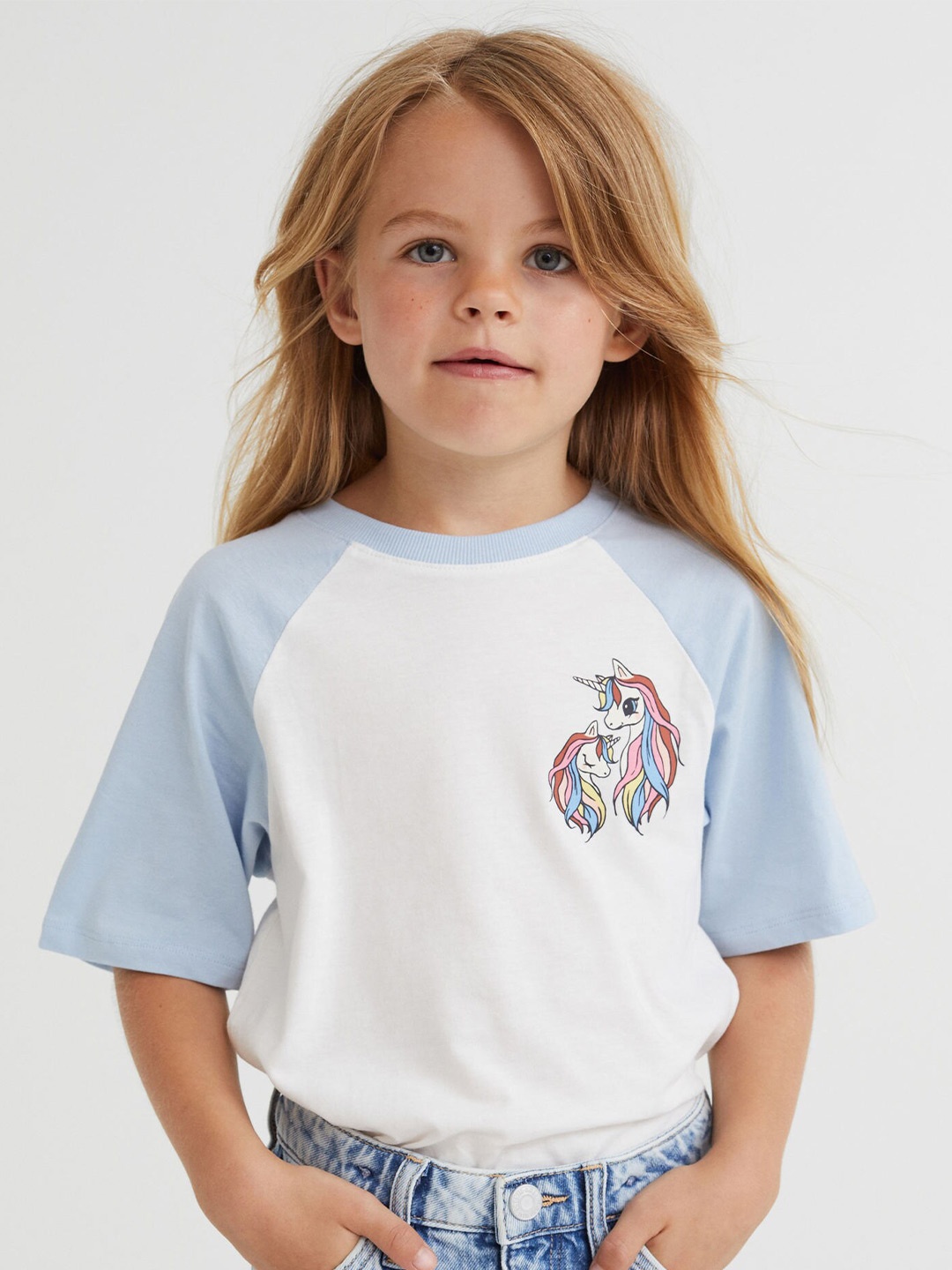 

H&M Girls White & Blue Block-Coloured Printed T-Shirt