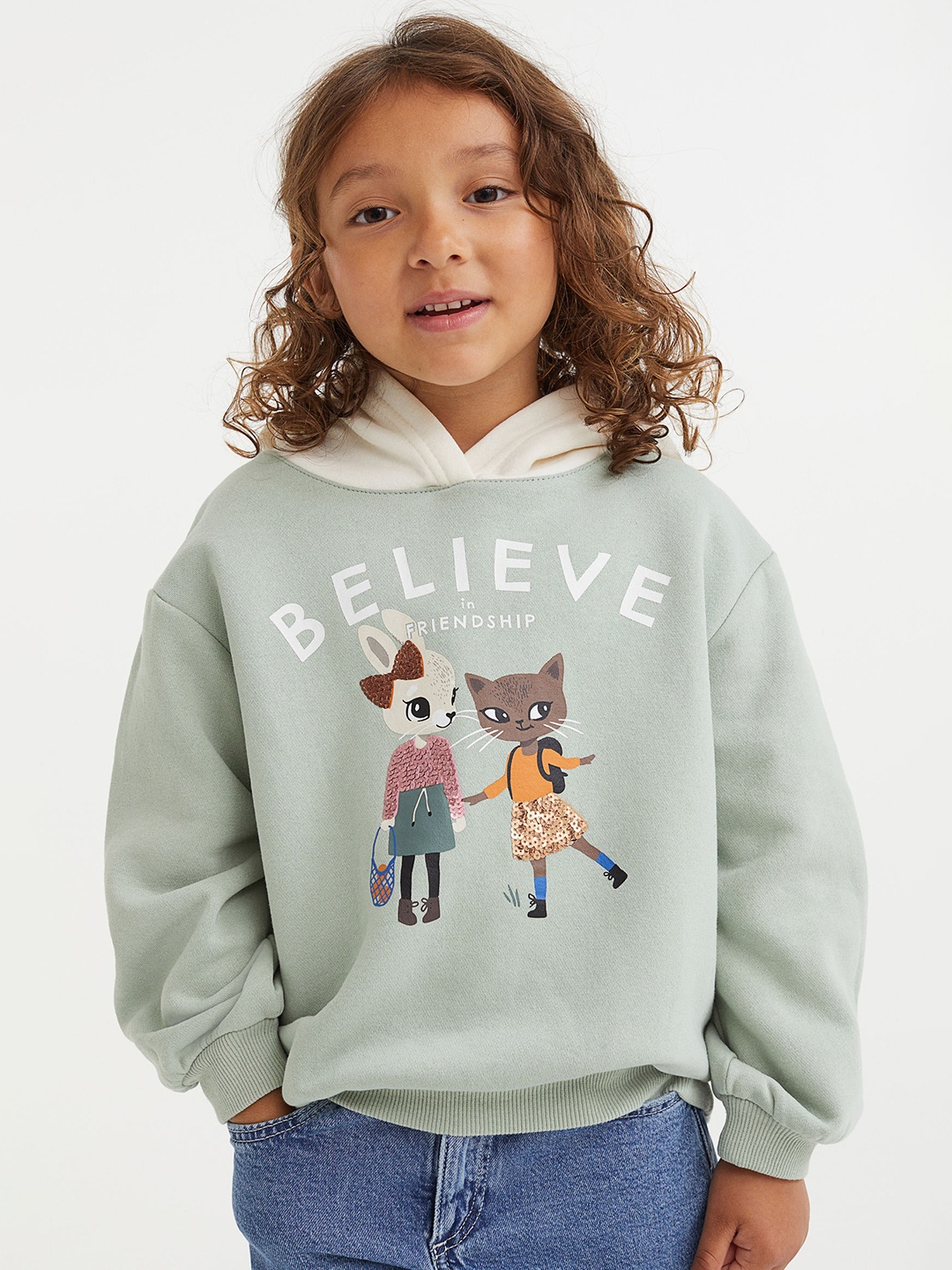 

H&M Girls Sage Green Printed Hoodie