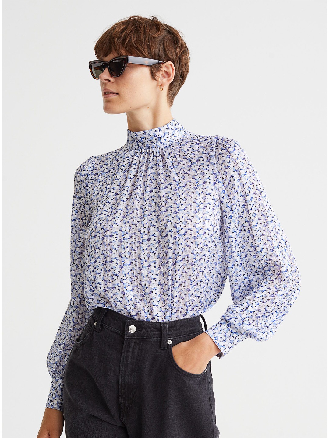 

H&M Women Blue Stand-up Collar Satin Blouse