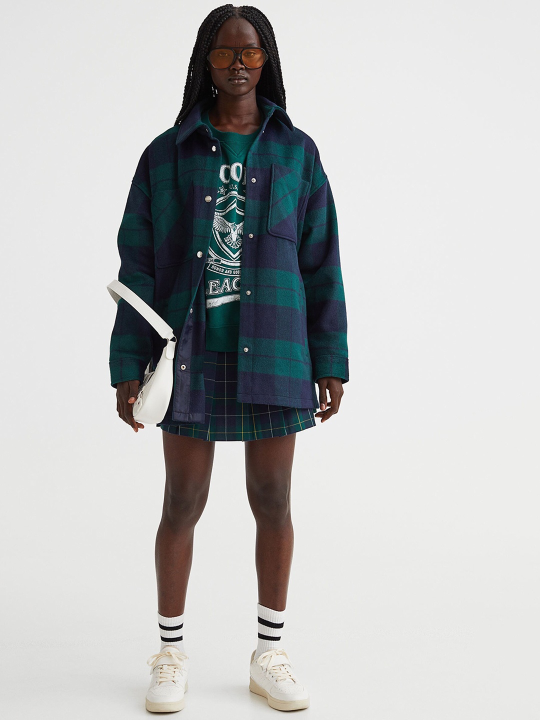 

H&M Women Green & Blue Checked Jacquard-Weave Shacket
