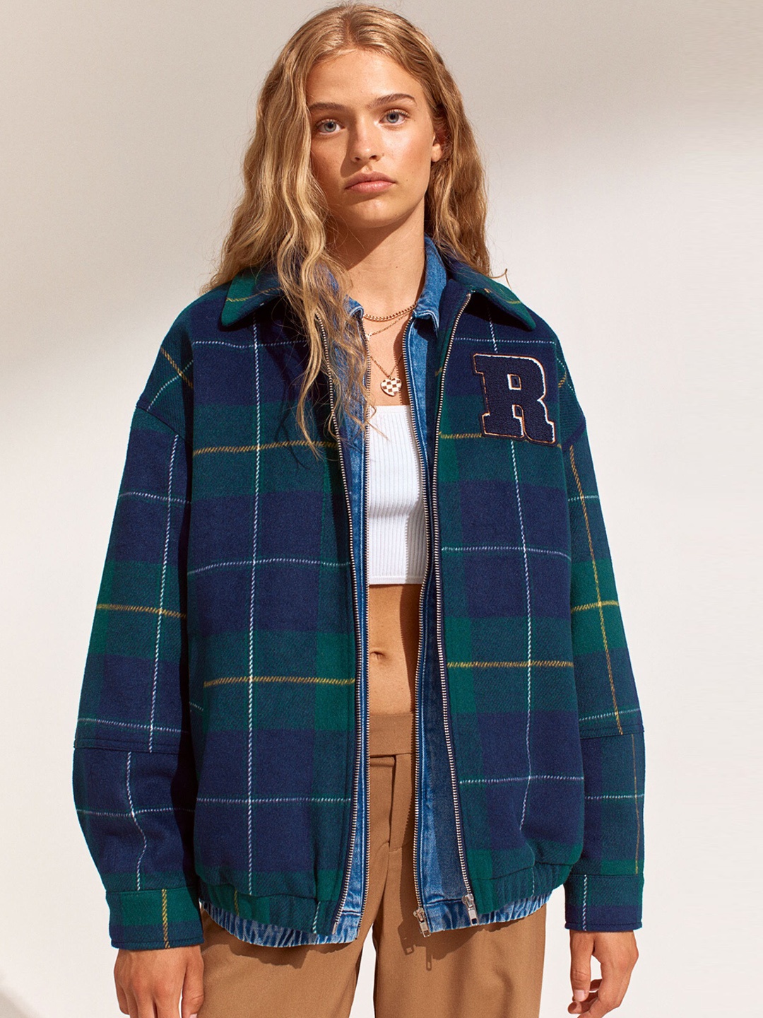 

H&M Women Blue Checked Boxy Jacket