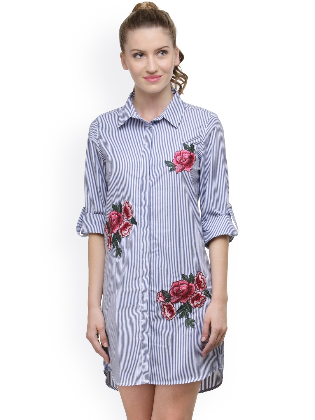 

Envy Me Women Off-White & Blue Striped Shirt Dress
