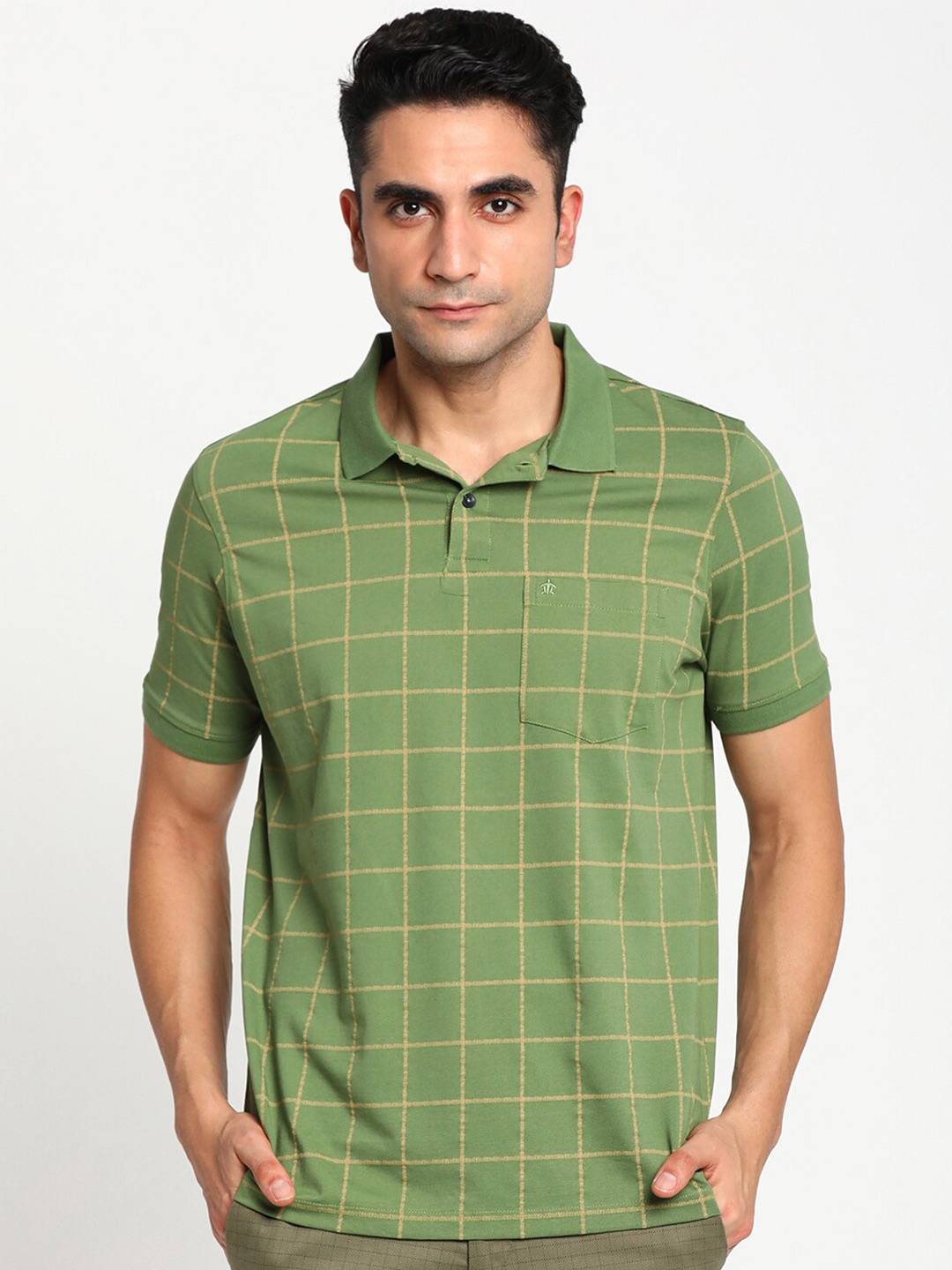 

Turtle Men Green Checked Polo Collar Pure Cotton Slim Fit T-shirt