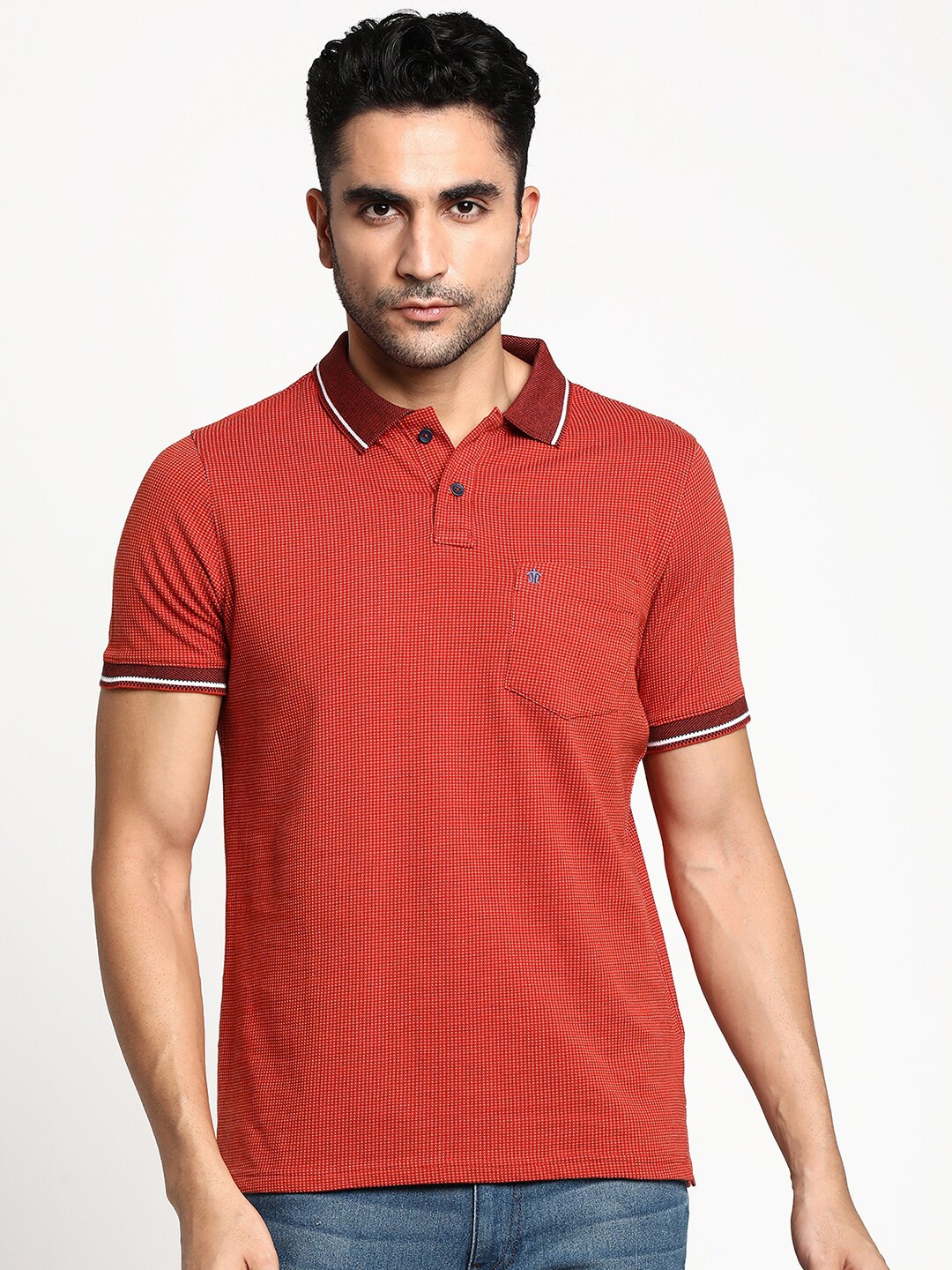 

Turtle Men Red Printed Polo Collar Pure Cotton Slim Fit T-shirt