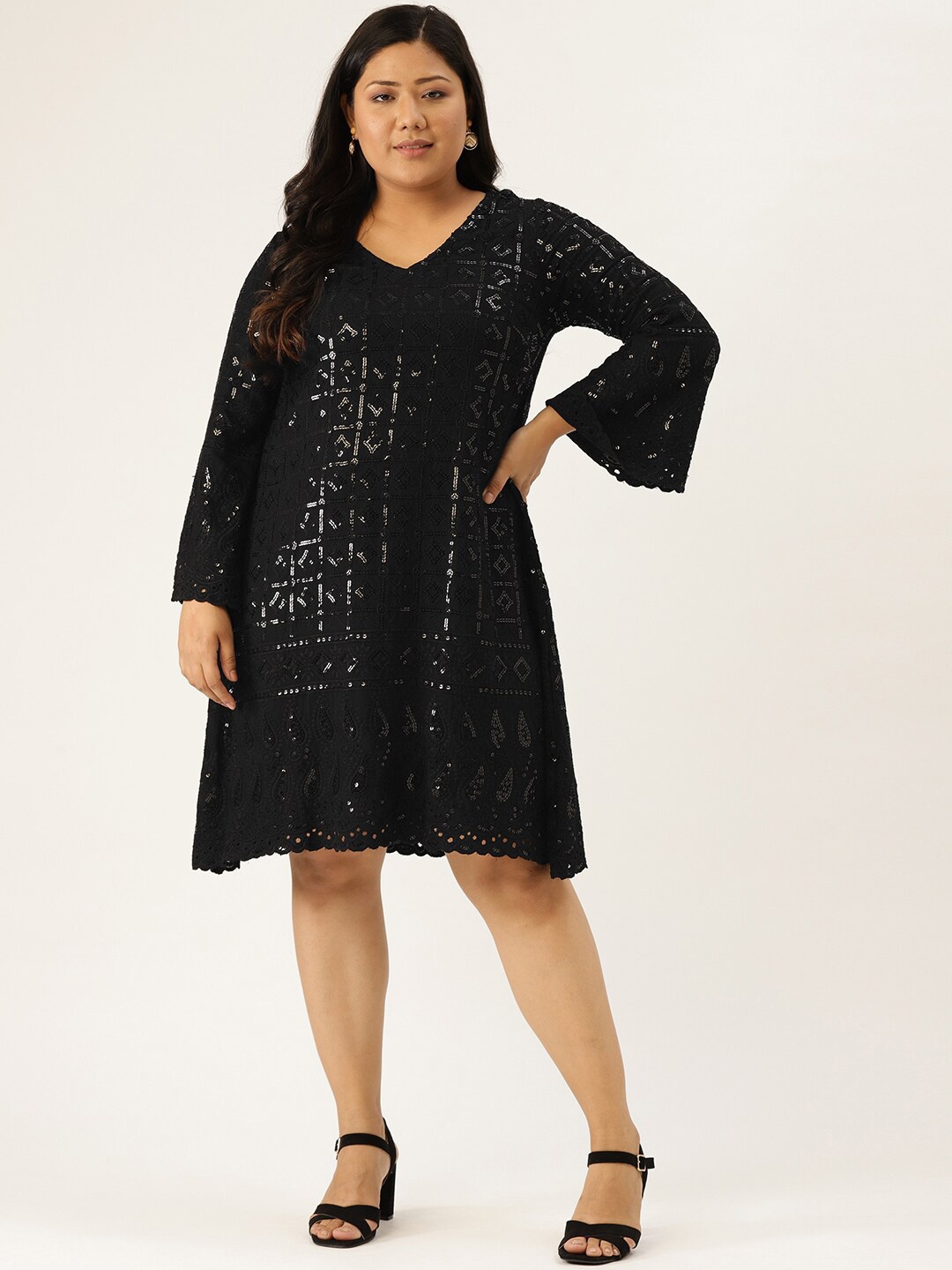 

theRebelinme Women Plus Size Embroidered & Sequinned A-Line Dress, Black