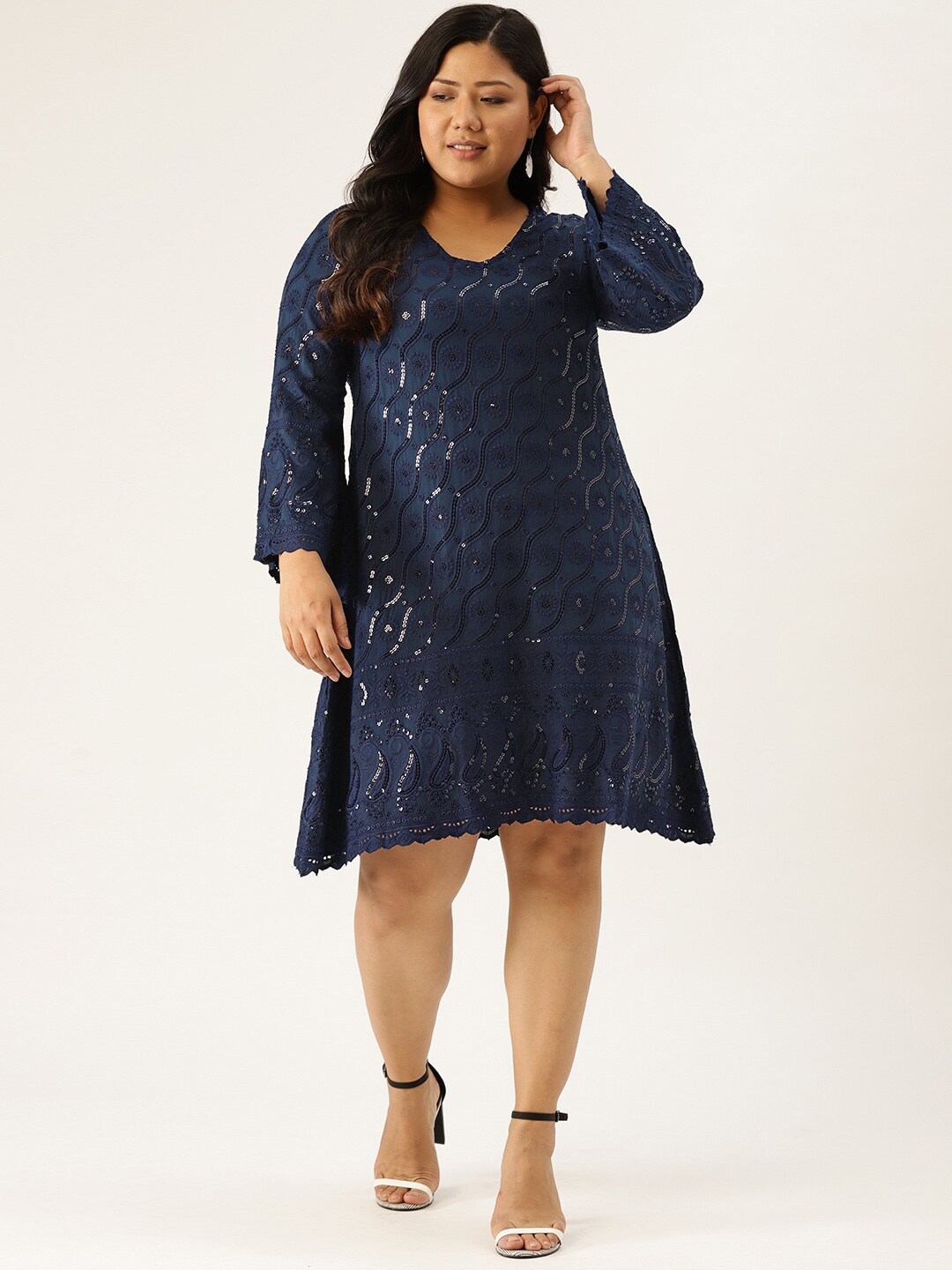 

theRebelinme Navy Blue Solid Embellished A-Line Dress