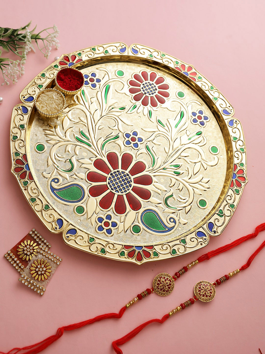

Aapno Rajasthan Pack of 2 Rakhi With Pooja Plate, Gold