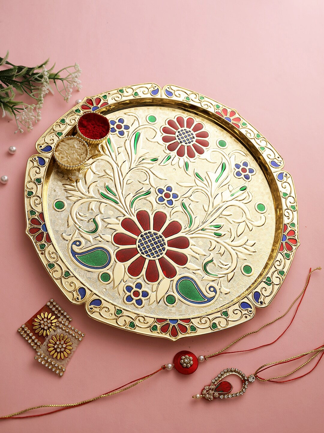

Aapno Rajasthan Set of 2 Bhaiya Bhabhi Rakhi with Pooja Plate, Gold