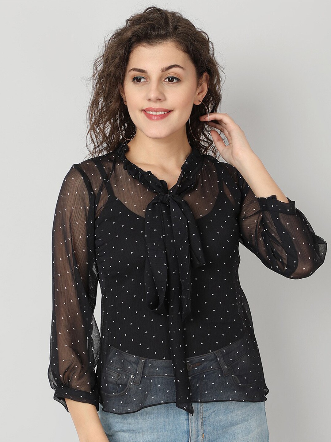 

ISAM Black Geometric Print Tie-Up Neck Sheer Georgette Top
