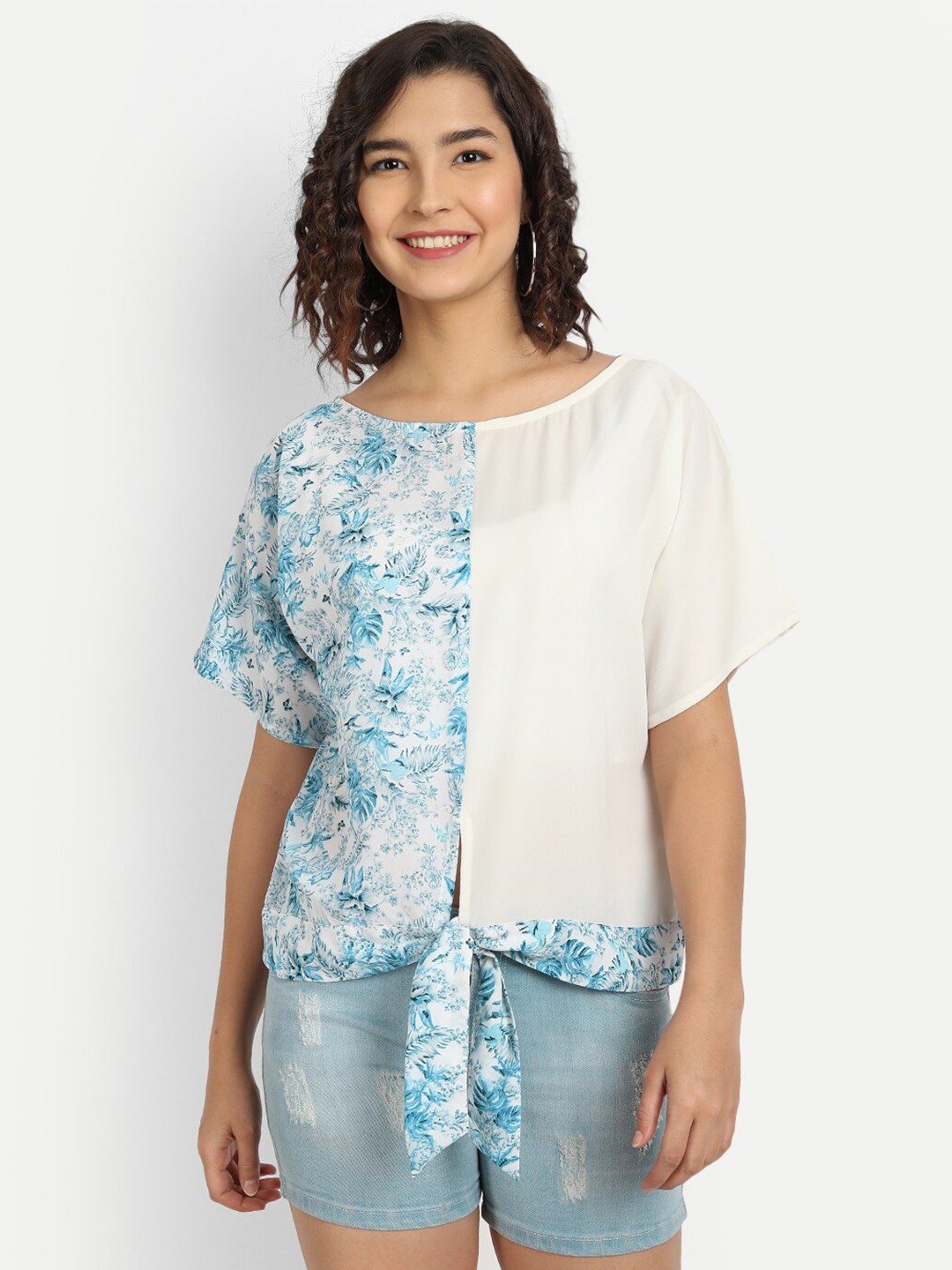 

ISAM Women White Floral Print Extended Sleeves Crepe Top