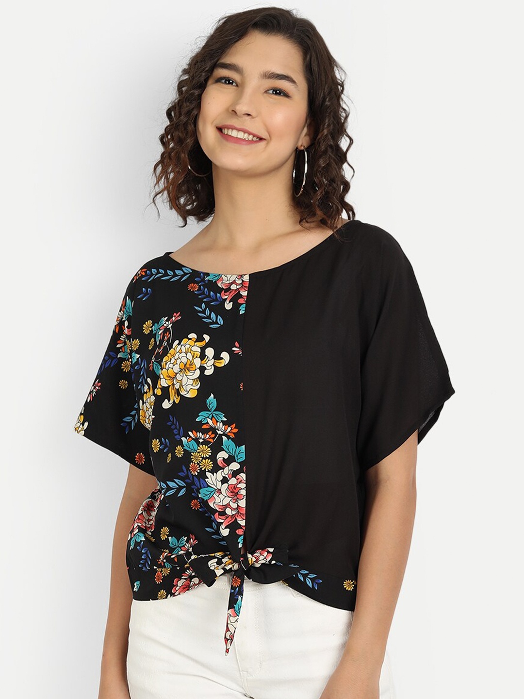

ISAM Women Black Floral Print Extended Sleeves Crepe Top