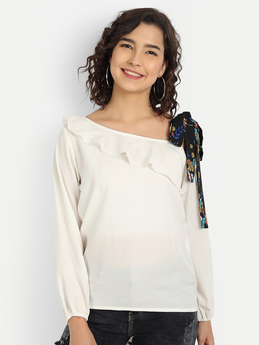 

ISAM Women White Ruffles Crepe Top