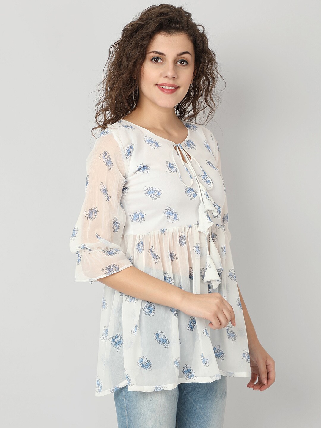 

ISAM Women White Floral Print Chiffon Longline Top