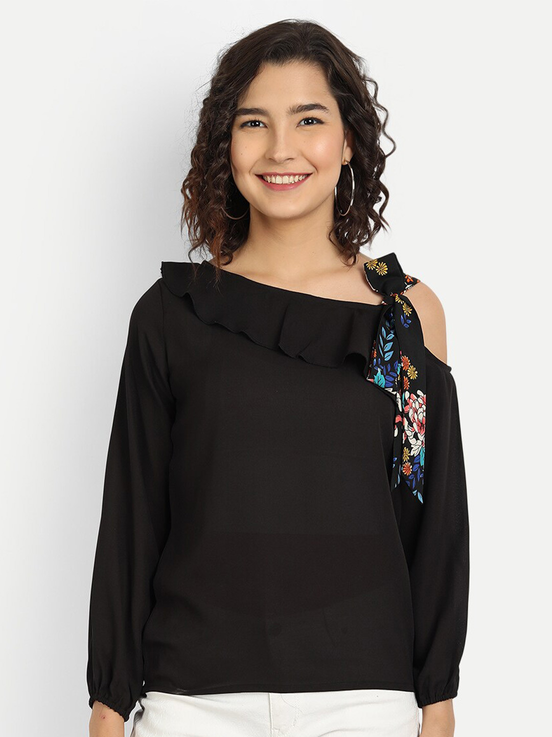 

ISAM Women Black & Blue Ruffles Crepe Top