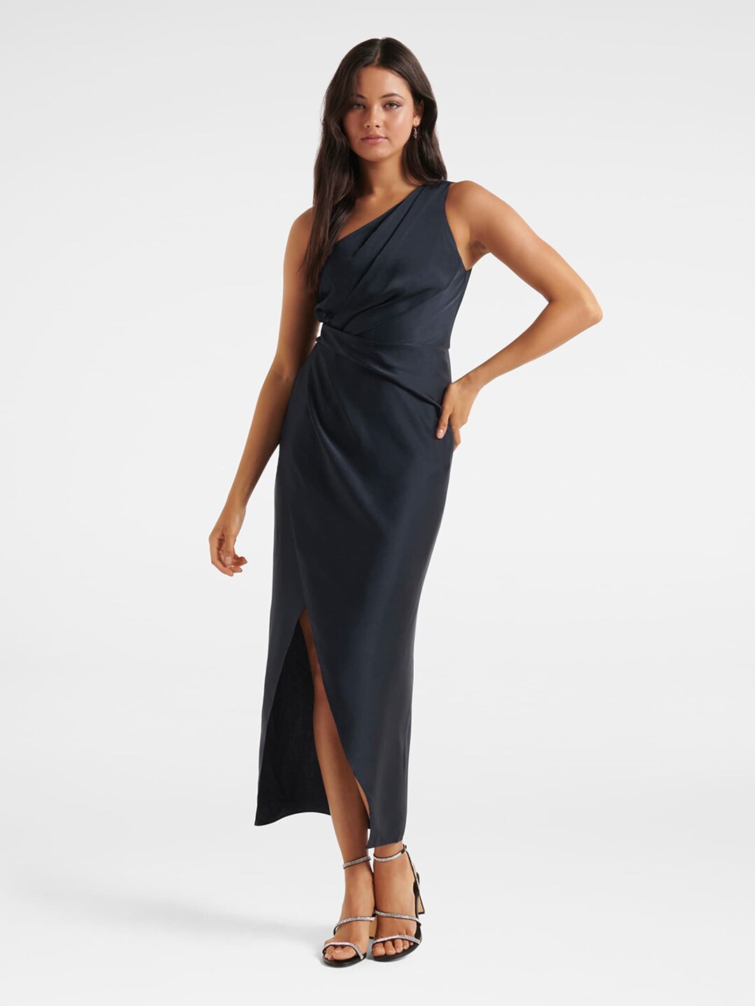 

Forever New Navy Blue One Shoulder Satin Maxi Dress