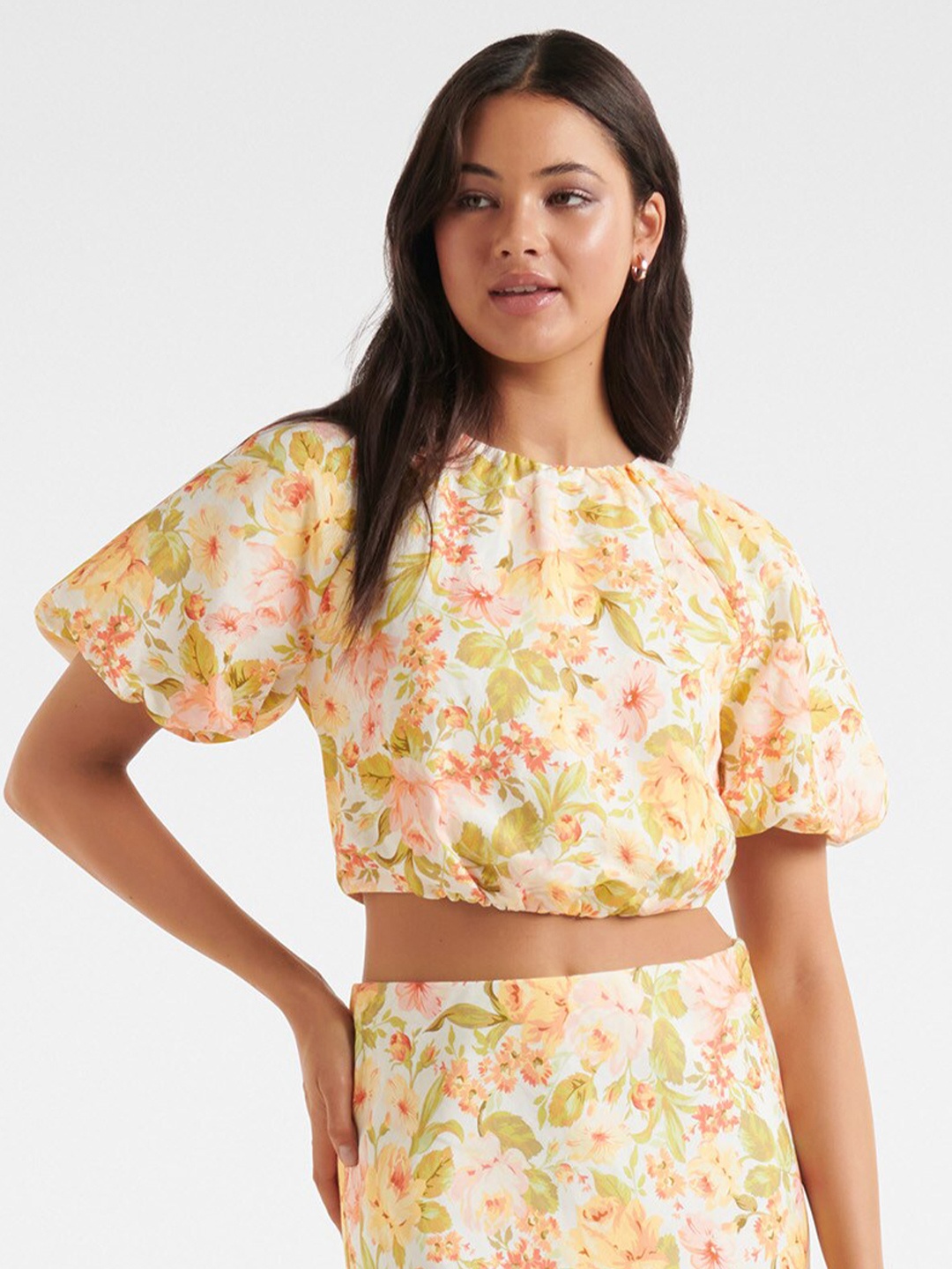 

Forever New Yellow Floral Print Linen Blouson Top