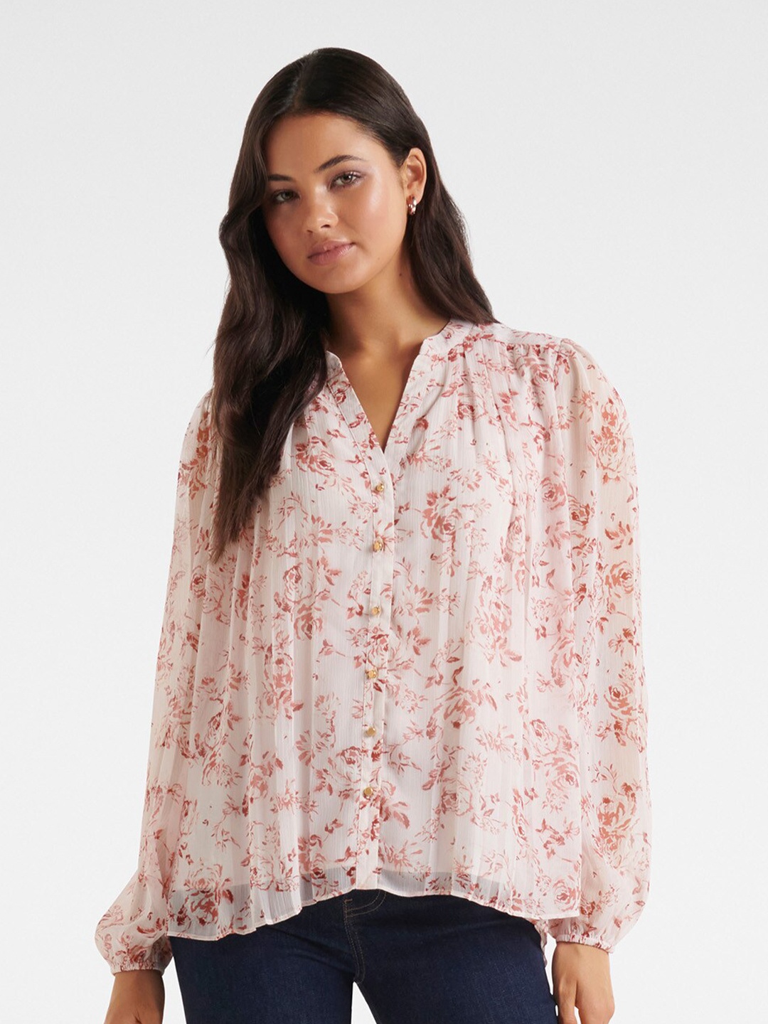 

Forever New Pink Floral Print Mandarin Collar Shirt Style Top