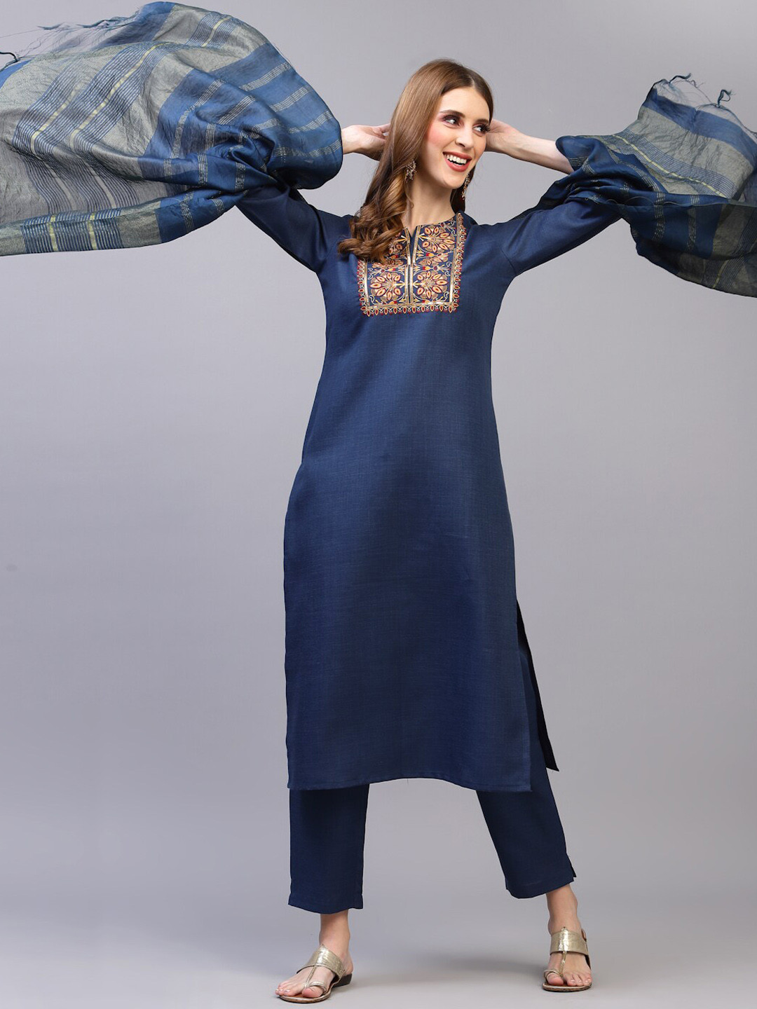 

SERONA FABRICS Women Blue Thread Work Kurta with Trousers & With Dupatta