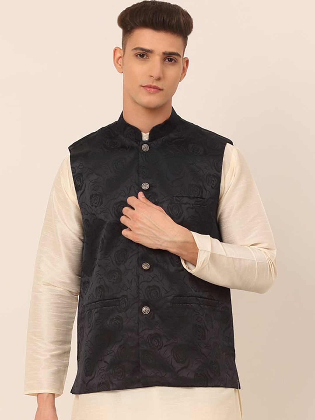 

Jompers Men Navy Blue & Black Solid Embellished Nehru Jackets