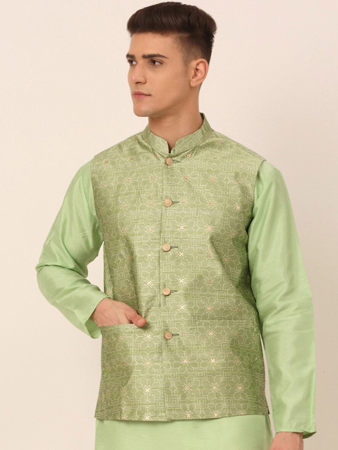

Jompers Men Pista Green & Gold Woven Design Sleeveless Nehru Jacket