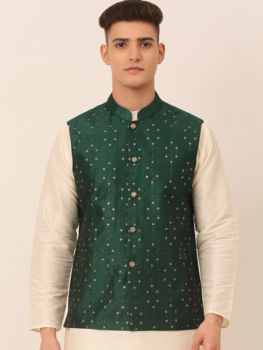 

Jompers Men Green & Golden Embroidered Nehru Jackets