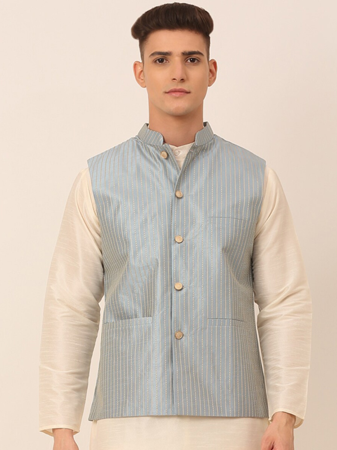 

Jompers Men Blue & Golden Embroidered Nehru Jackets
