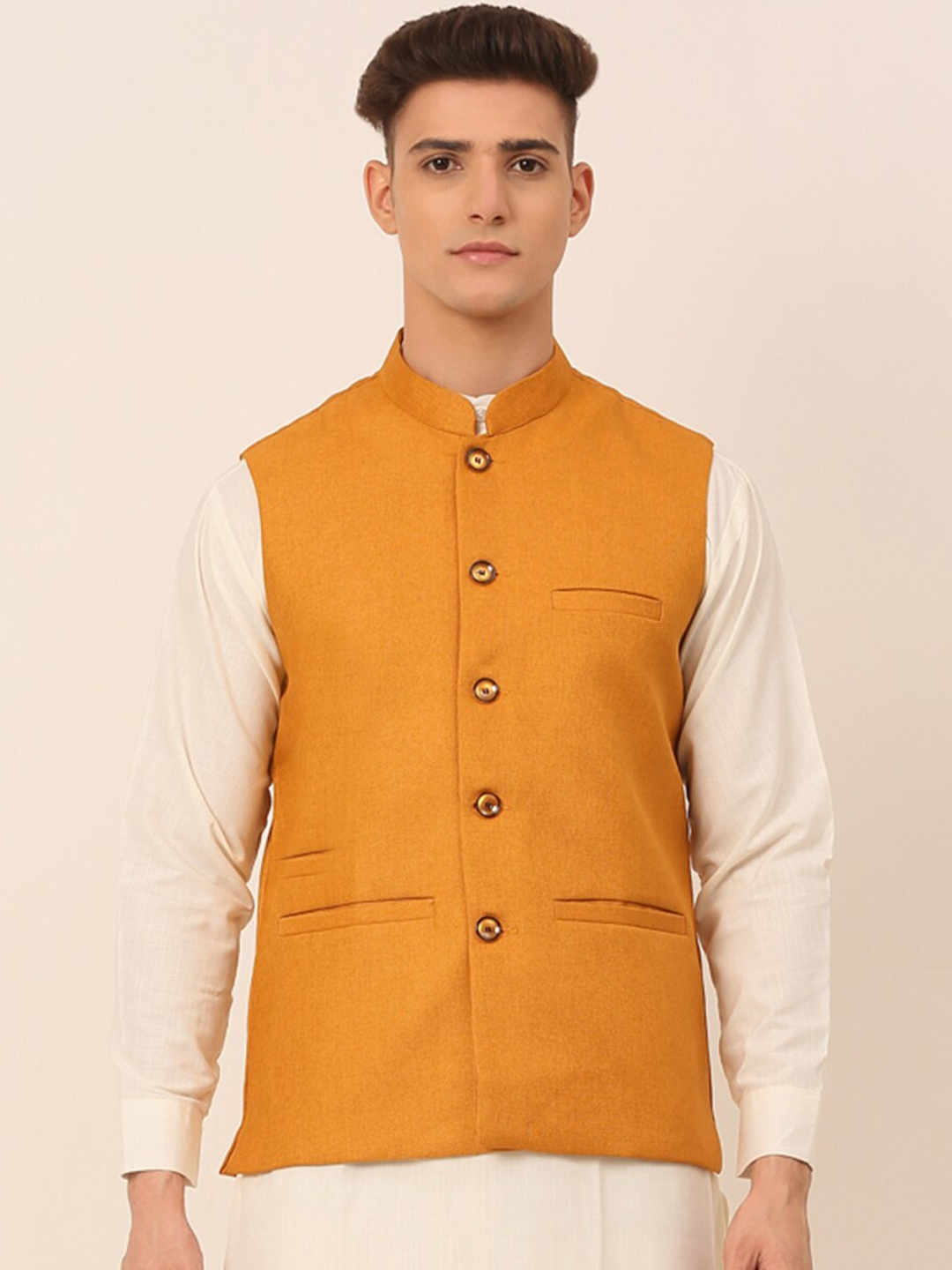 

Jompers Men Mustard-Yellow Solid Woven Nehru Jacket