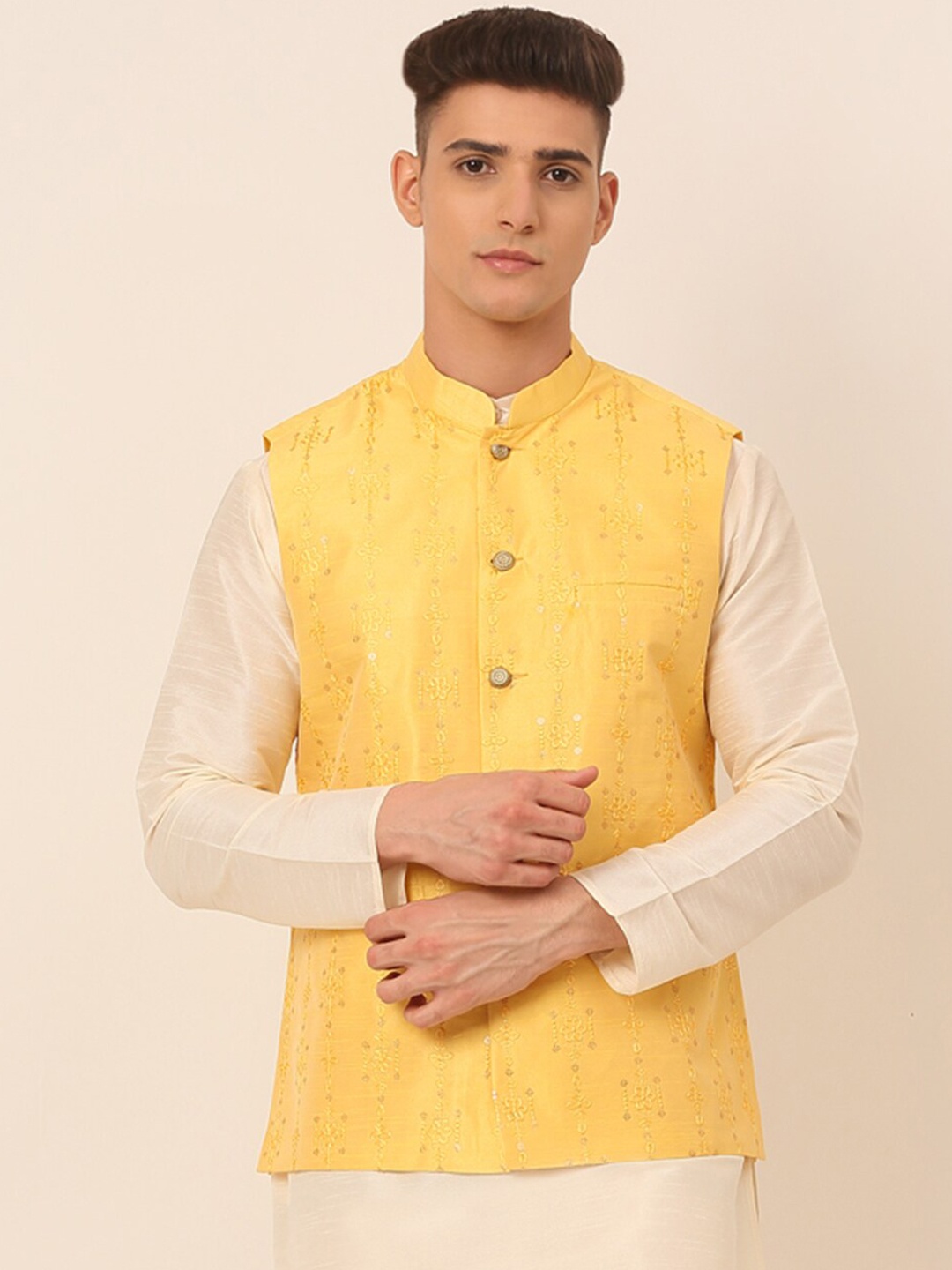 

Jompers Men Yellow Embroidered Nehru Jacket