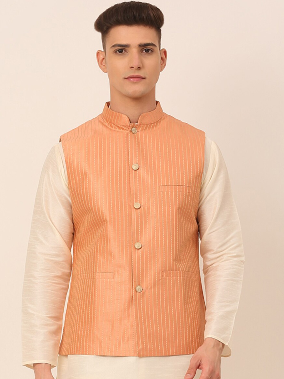 

Jompers Men Peach & Gold Striped Nehru Jacket