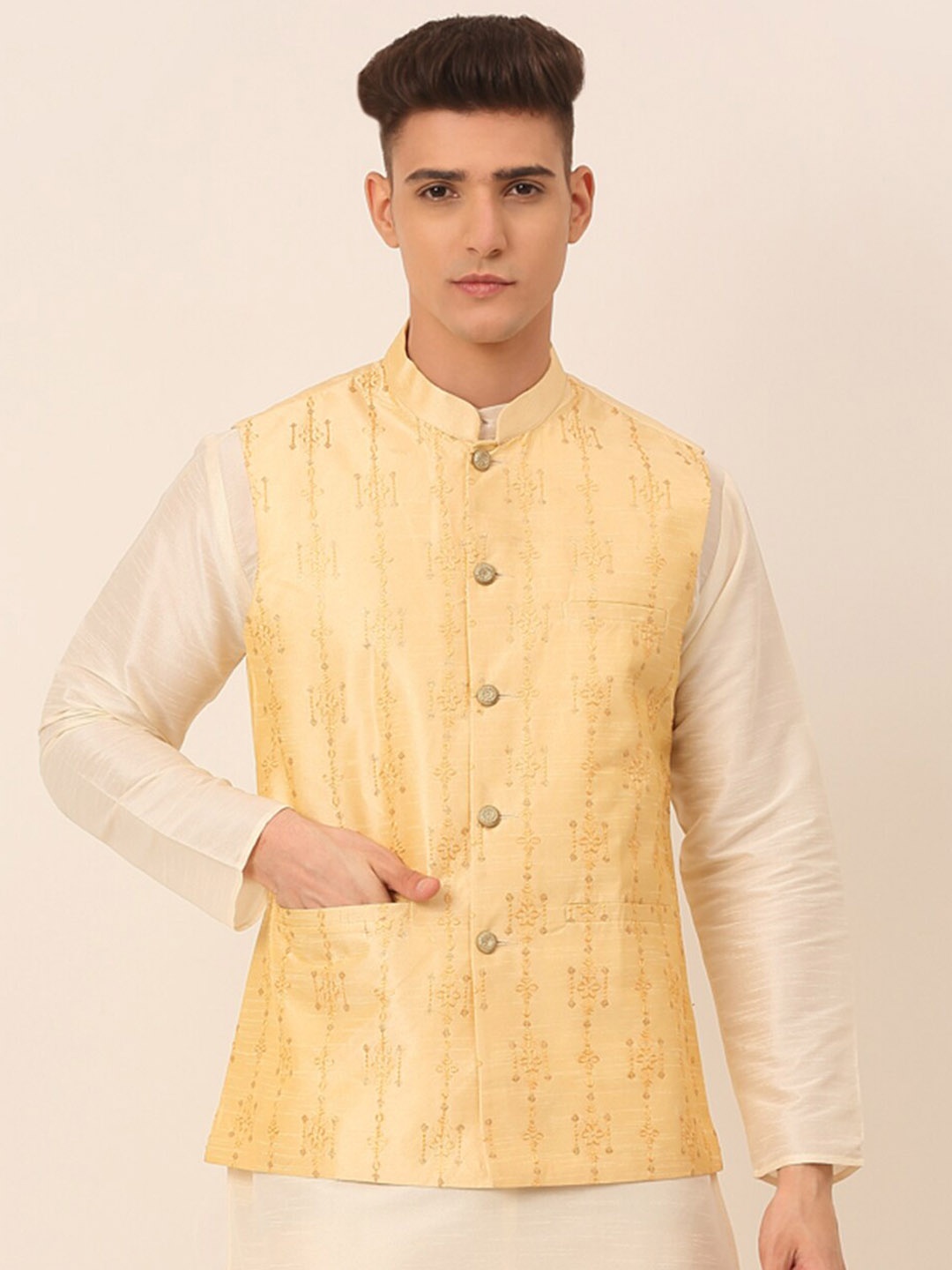 

Jompers Men Gold-Color Embroidered Woven Nehru Jackets