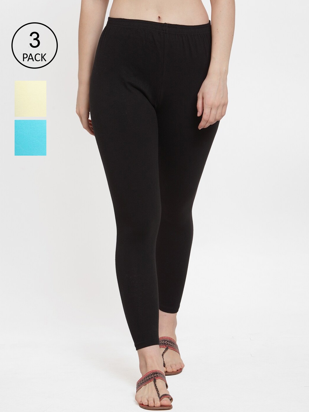 

GRACIT Women Pack Of 3 Solid Black & Yellow Ankle-Length Leggings