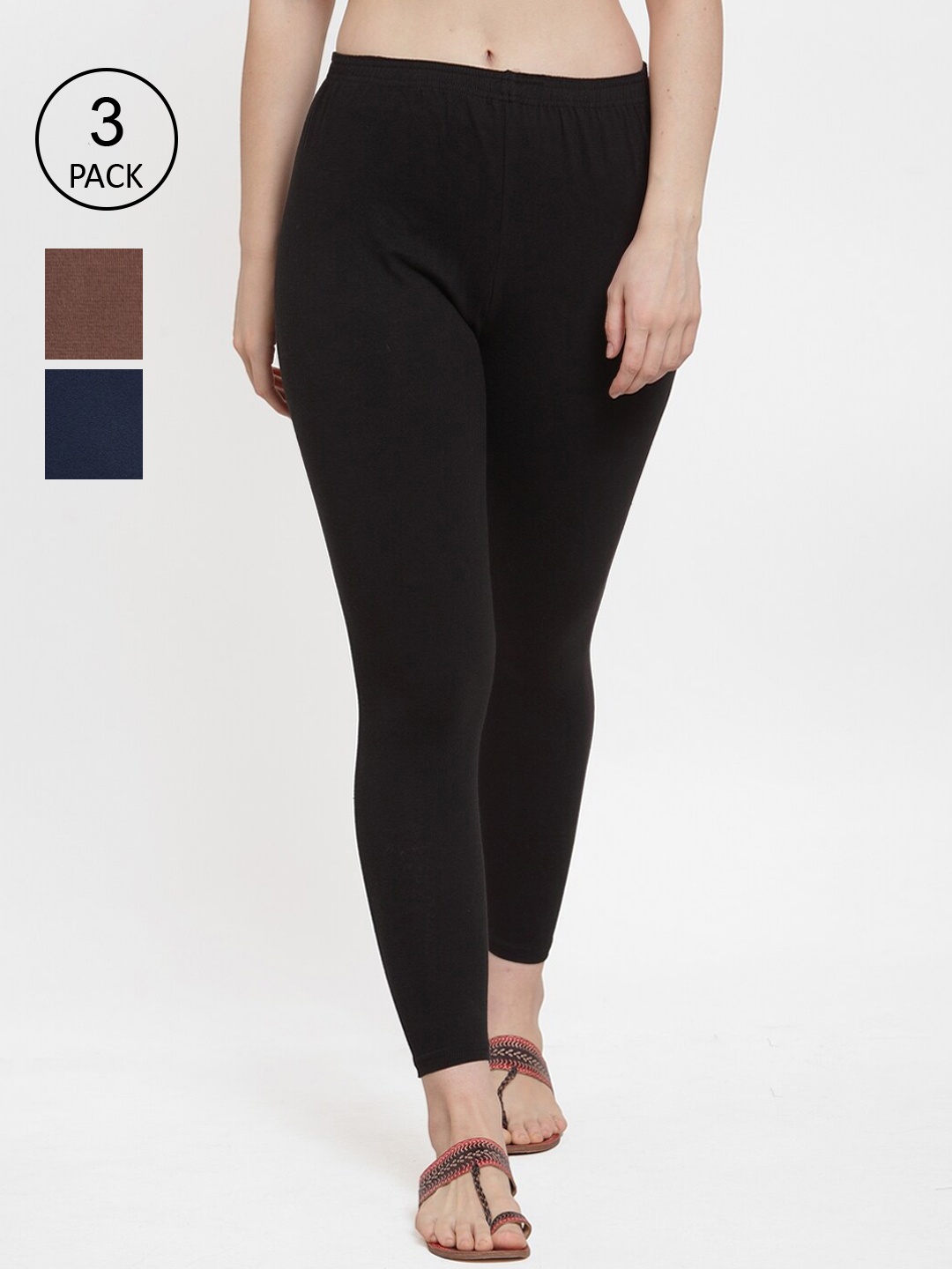 

GRACIT Women Pack Of 3 Black, Blue and Brown Solid Ankle-Length Leggings