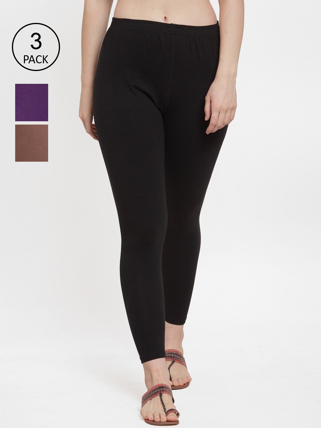 

GRACIT Women Black, Purple & Brown Pack Of 3 Solid Ankle-Length Leggings