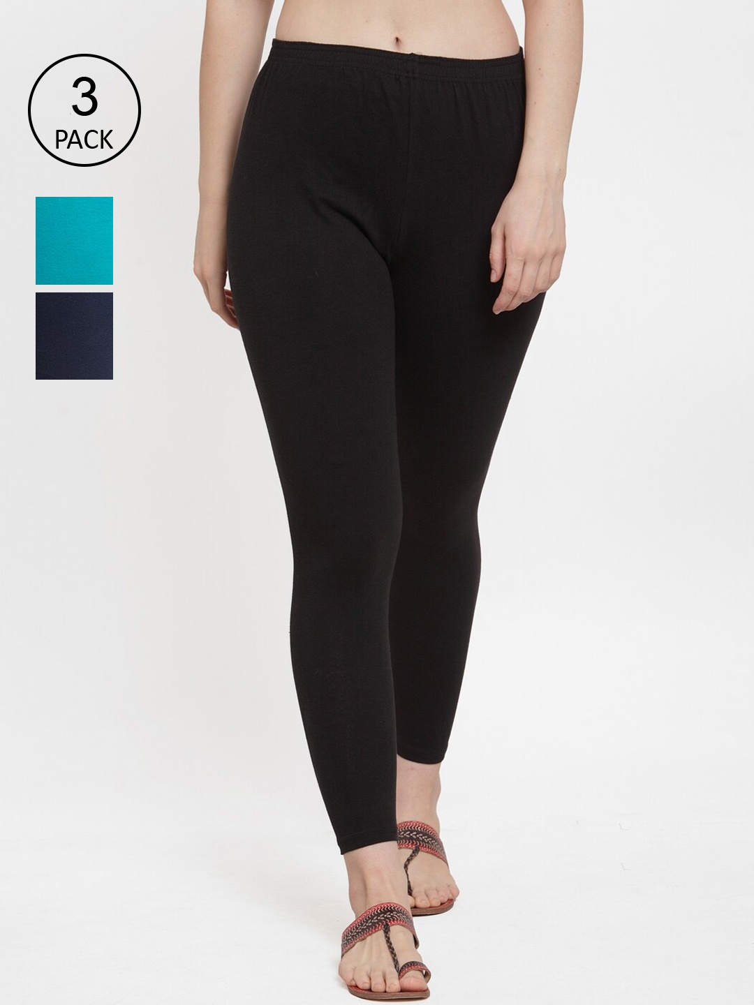 

GRACIT Women Black, Navy Blue & Light Blue Pack of 3 Solid Ankle-Length Leggings