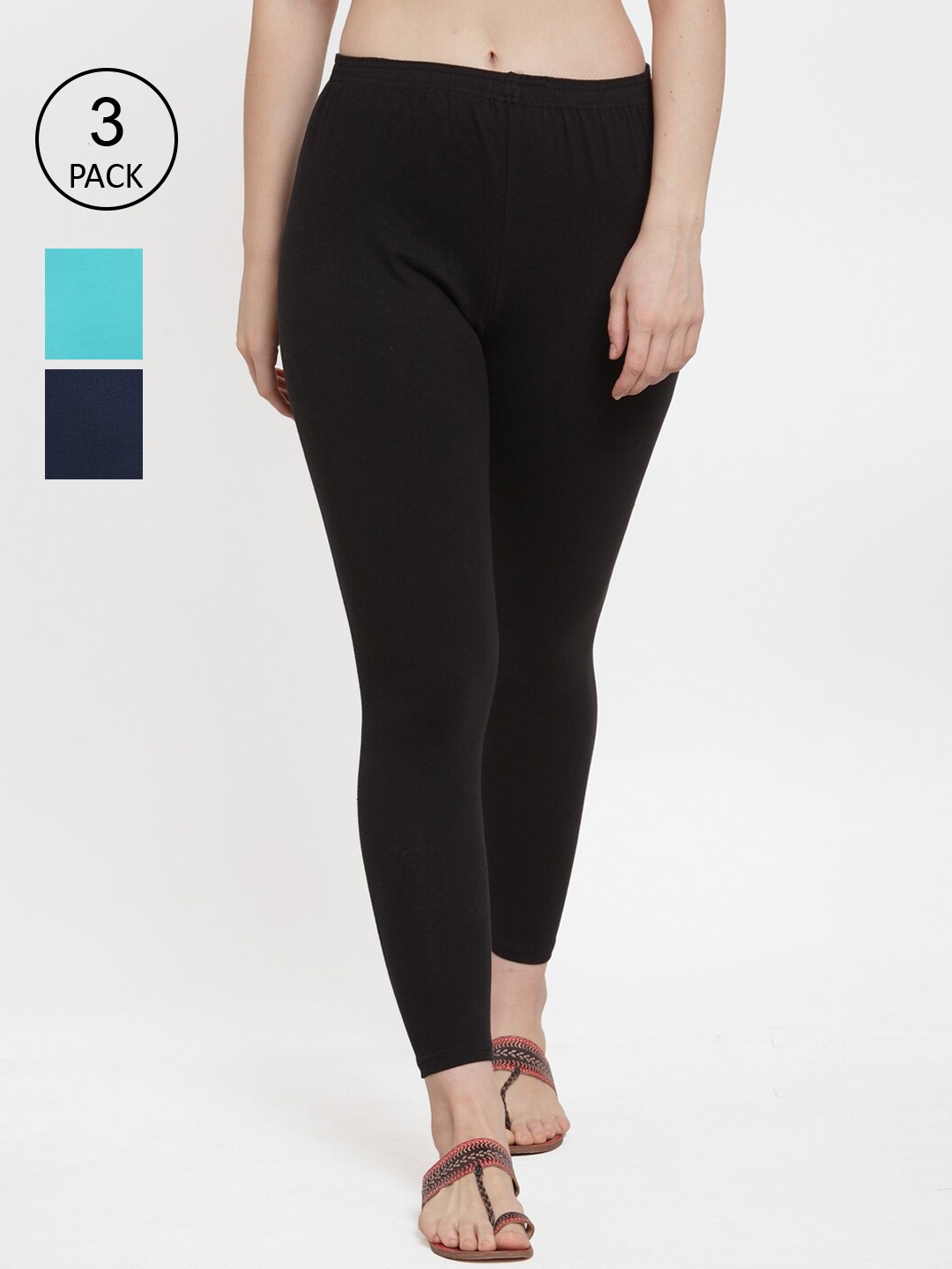 

GRACIT Women Black & Sea Green Pack Of 3 Solid Ankle-Length Leggings