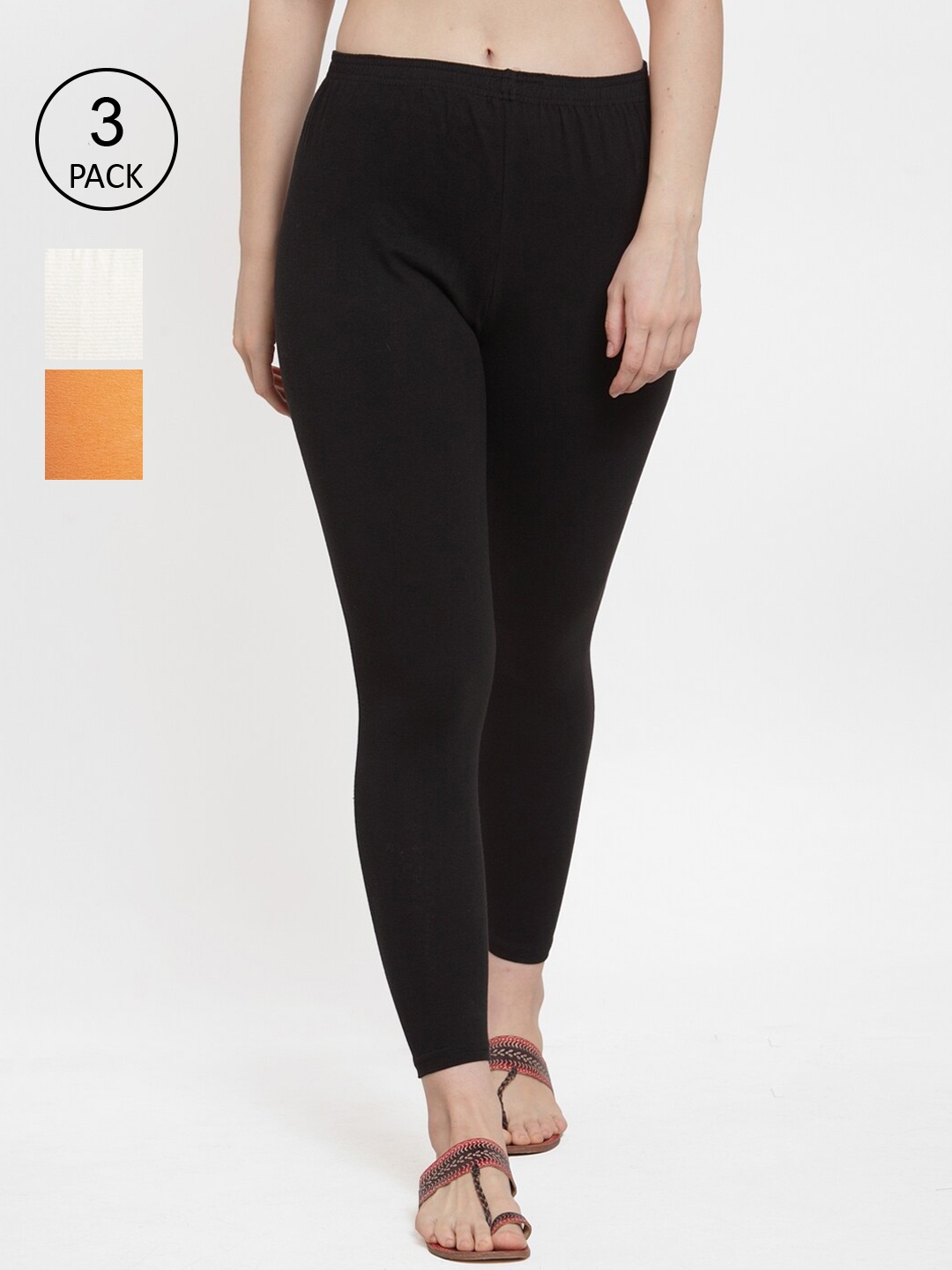 

GRACIT Women Black & Orange Pack Of 3 Solid Ankle-Length Leggings