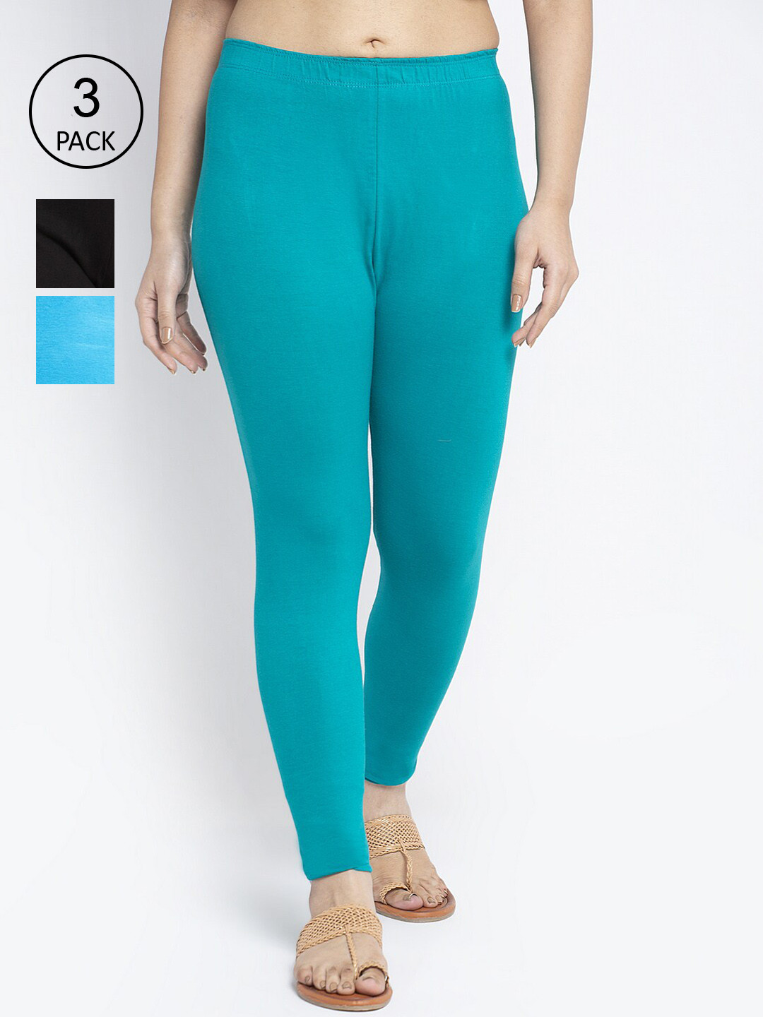 

GRACIT Women Pack Of 3 Black & Blue Solid Ankle-Length Leggings