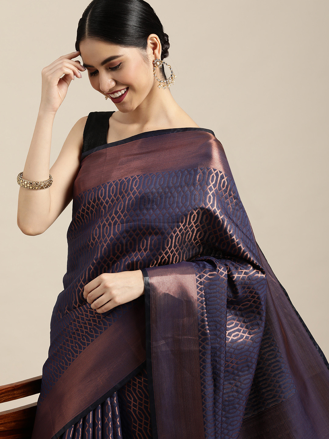 

Mitera Navy Blue & Copper Zari Kanjeevaram Saree