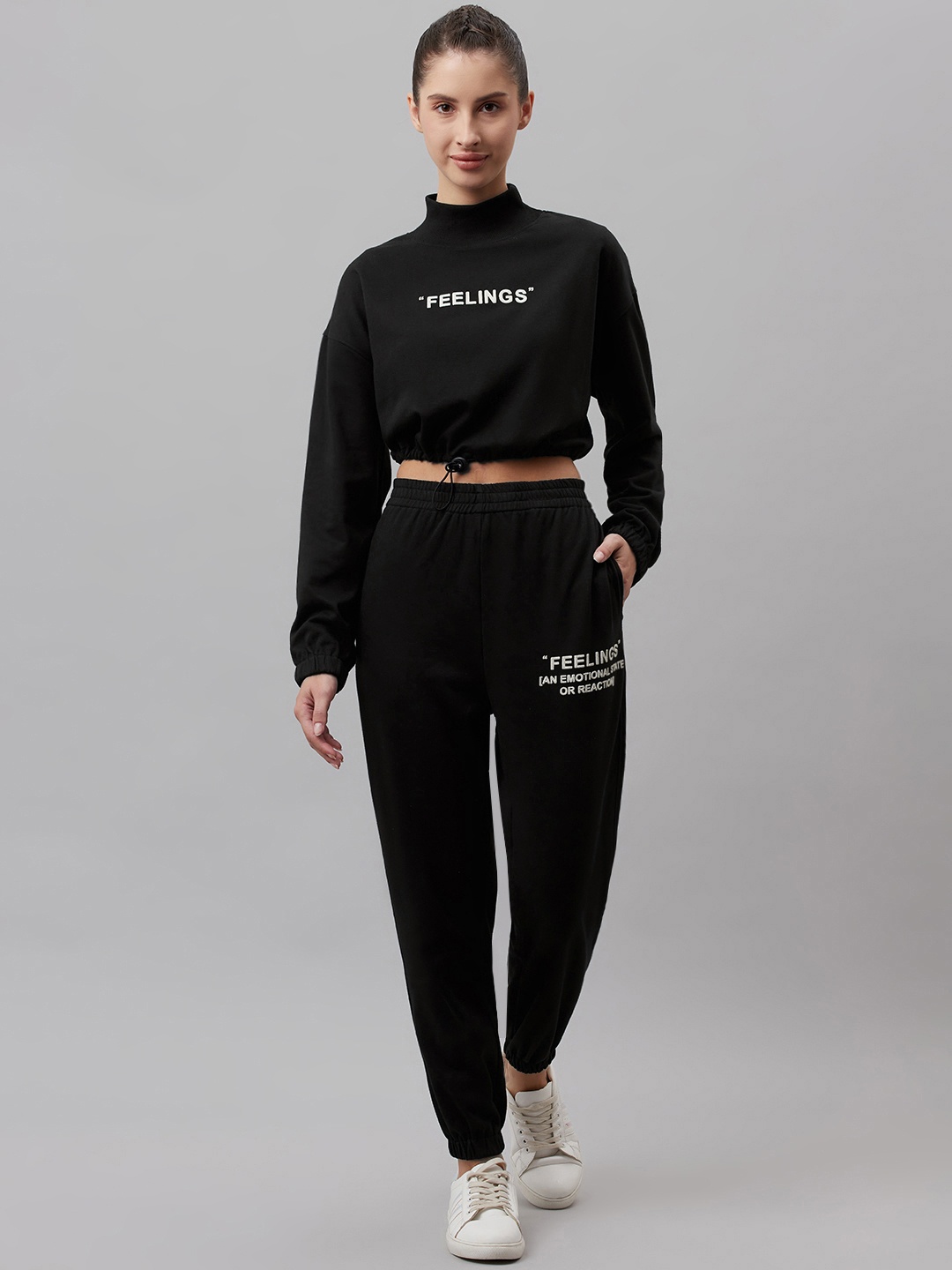 

Laabha Women Black Solid Stylish Tracksuit with Applique Detail