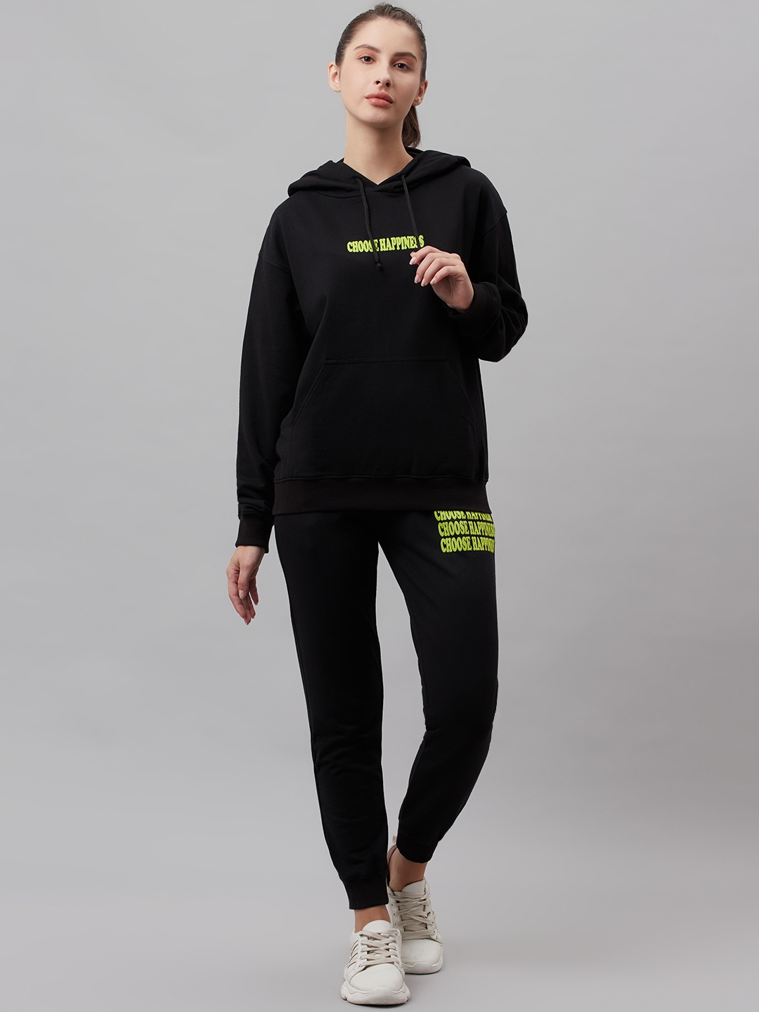 

Laabha Women Black Solid Hooded Knitted Tracksuit with Applique Detail