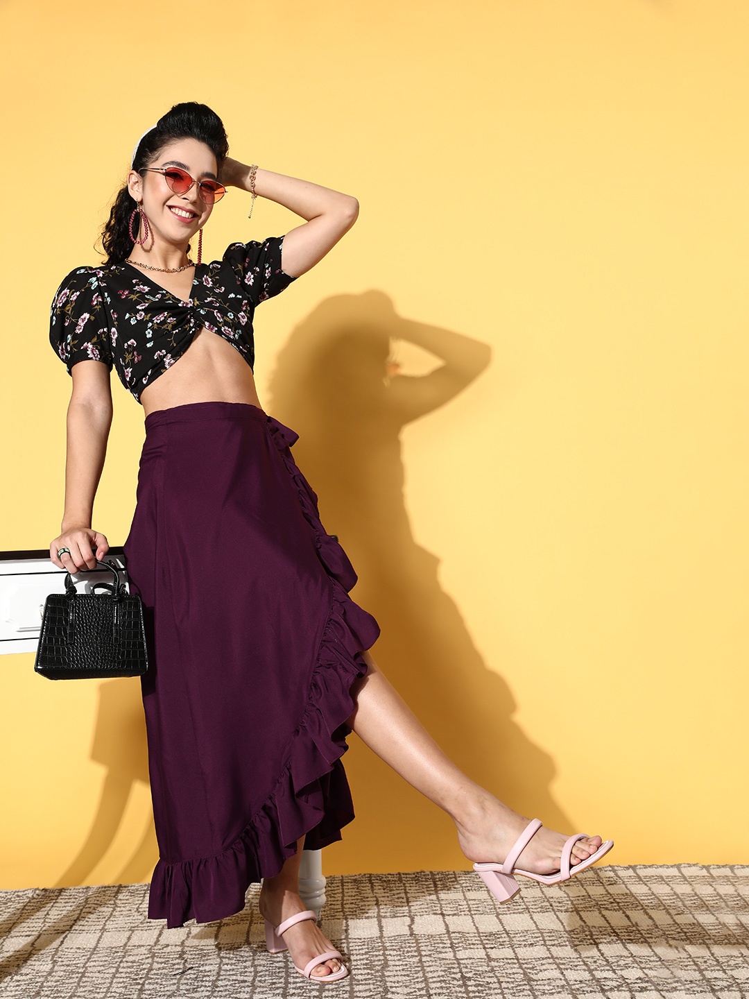 

U&F Purple Solid Feminine Frills Skirt