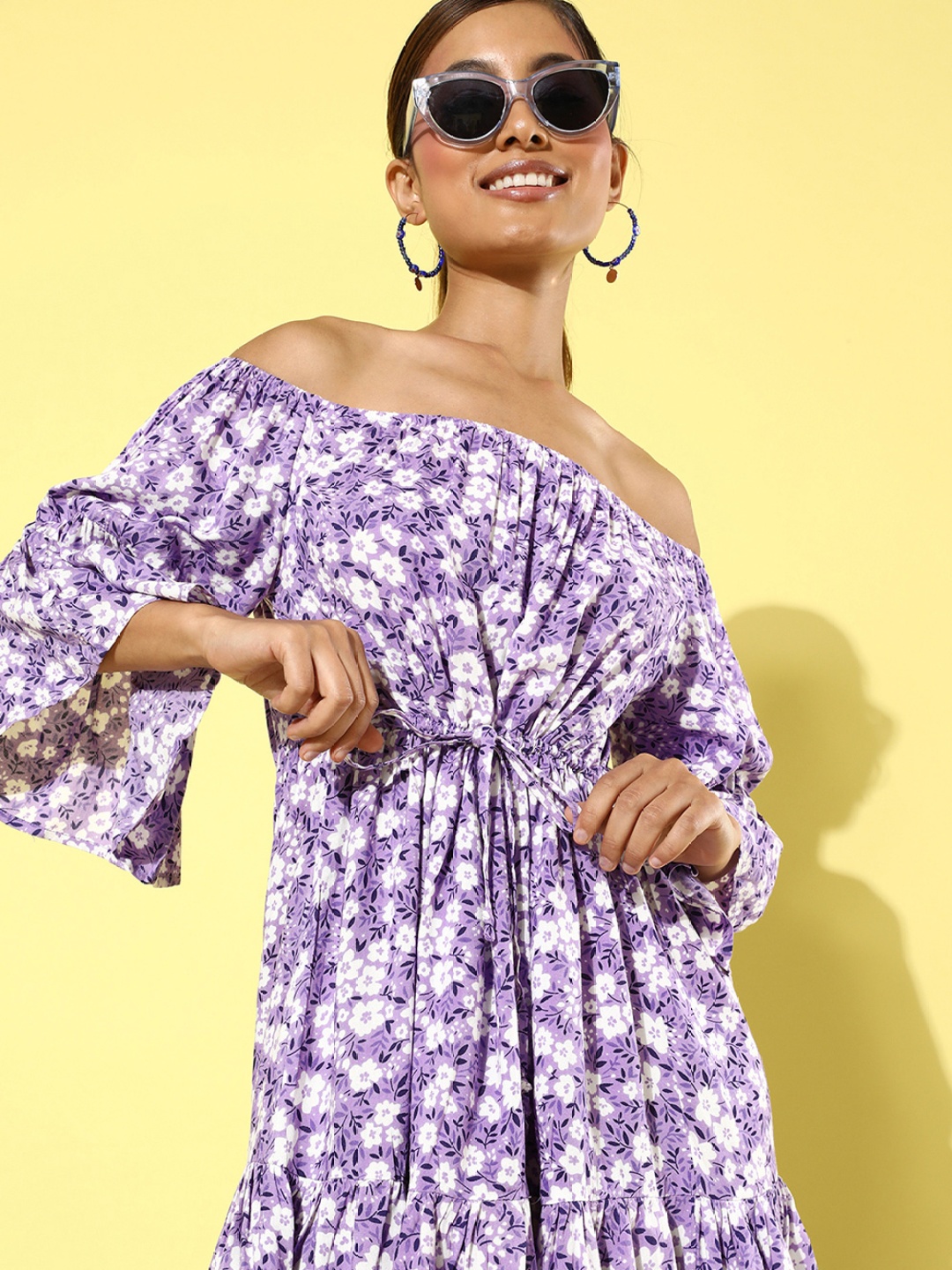 

People Lavender & White Floral Printed Off-Shoulder A-Line Dress