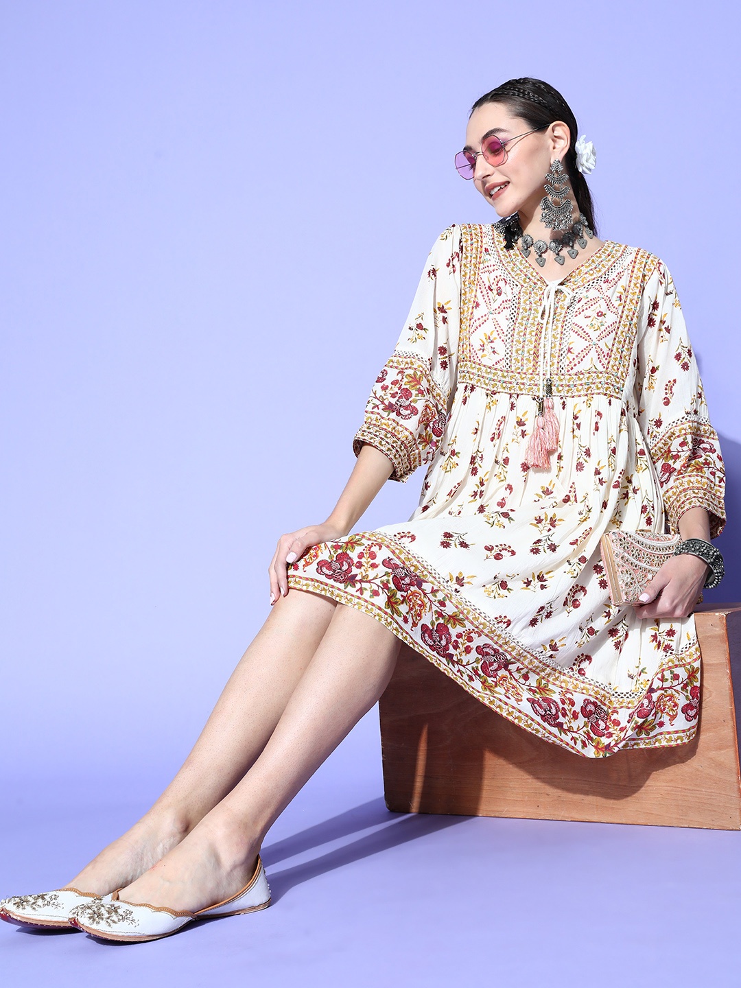 

ZOLA Women Classy White Cotton Print Mix Ethnic Dress