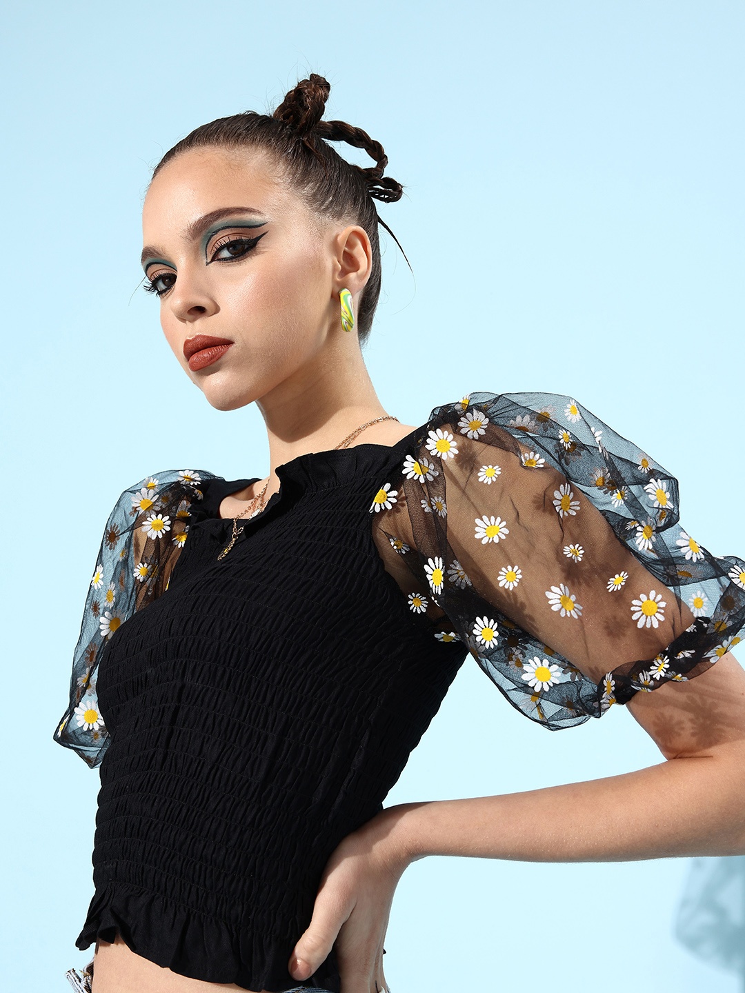 

Style Quotient Floral Print Smocked Top, Black