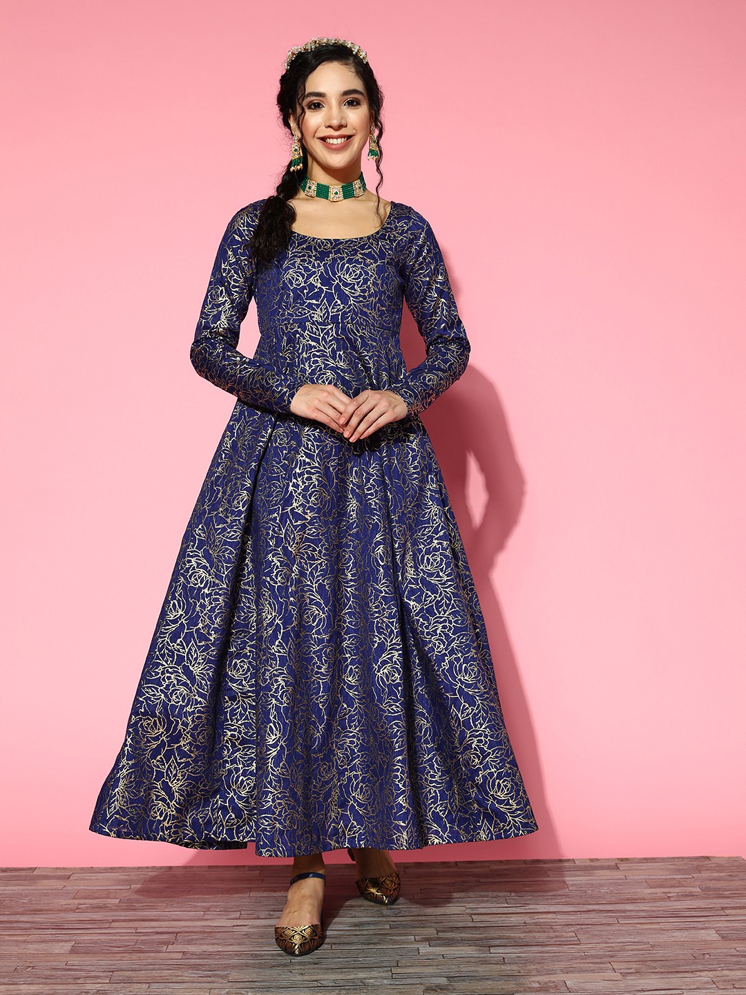 

Shae by SASSAFRAS Women Navy Blue Floral Woven Metallic Dress